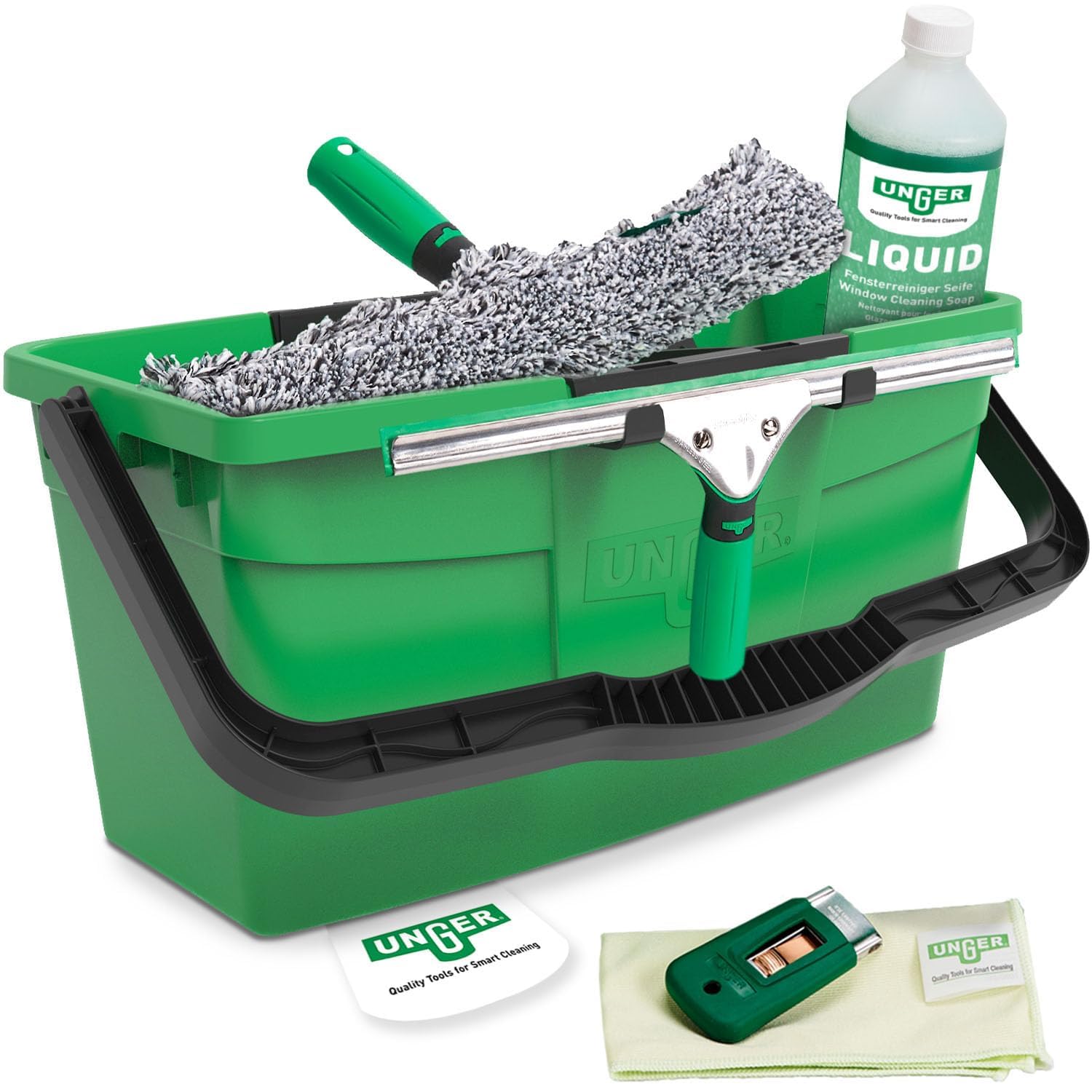 UNGER ErgoTec Profi Fensterreiniger 6in1 Complete Kit – Profi Fensterputzer Set mit Fensterabzieher, Fensterwischer, Eimer, Reiniger-Konzentrat, Mikrofasertuch, Sicherheitsschaber für Glasreinigung