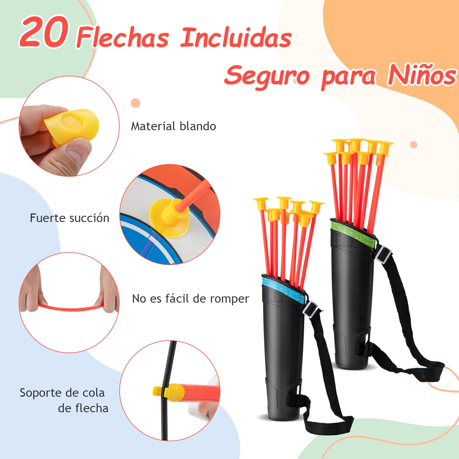 GOPLUS Juego de Arcos y Flechas para Niños, Set de Tiro con Arco LED con 20 Flechas con Ventosa, 2 Carcajs, Diana Desmontable, Set de Tiro al Aire Libre para Niños de 3 a 12 Años