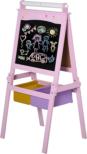 Qaba Caballete de arte de madera 3 en 1 para niños con rollo de papel, pizarra de doble cara y pizarra blanca con cestas de almacenamiento, regalo