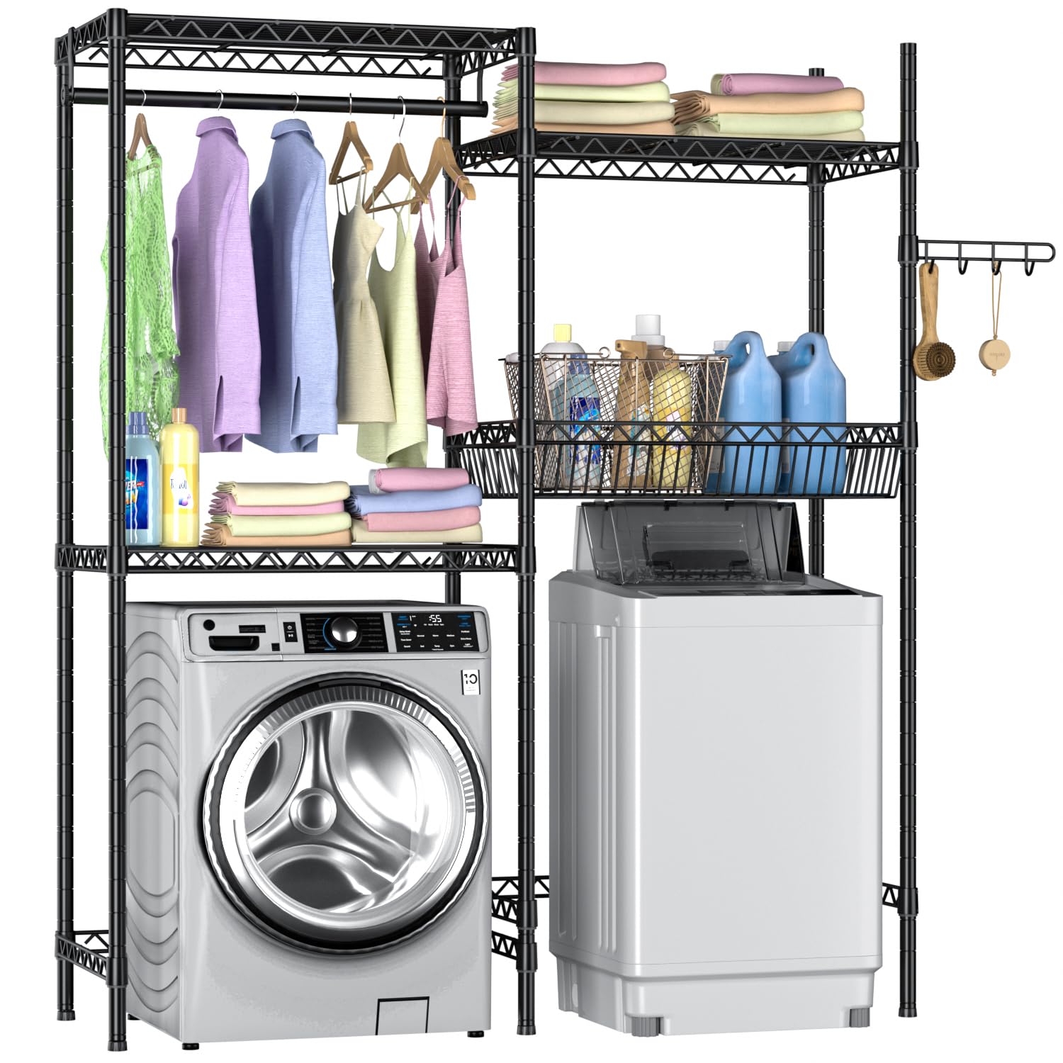 Over Washer and Dryer Shelves,Laundry Room Storage Organization Clothes  Drying Rack,4 Tier Adjustable Height Wire Shelving with Wire Basket,Hanger - Main Image