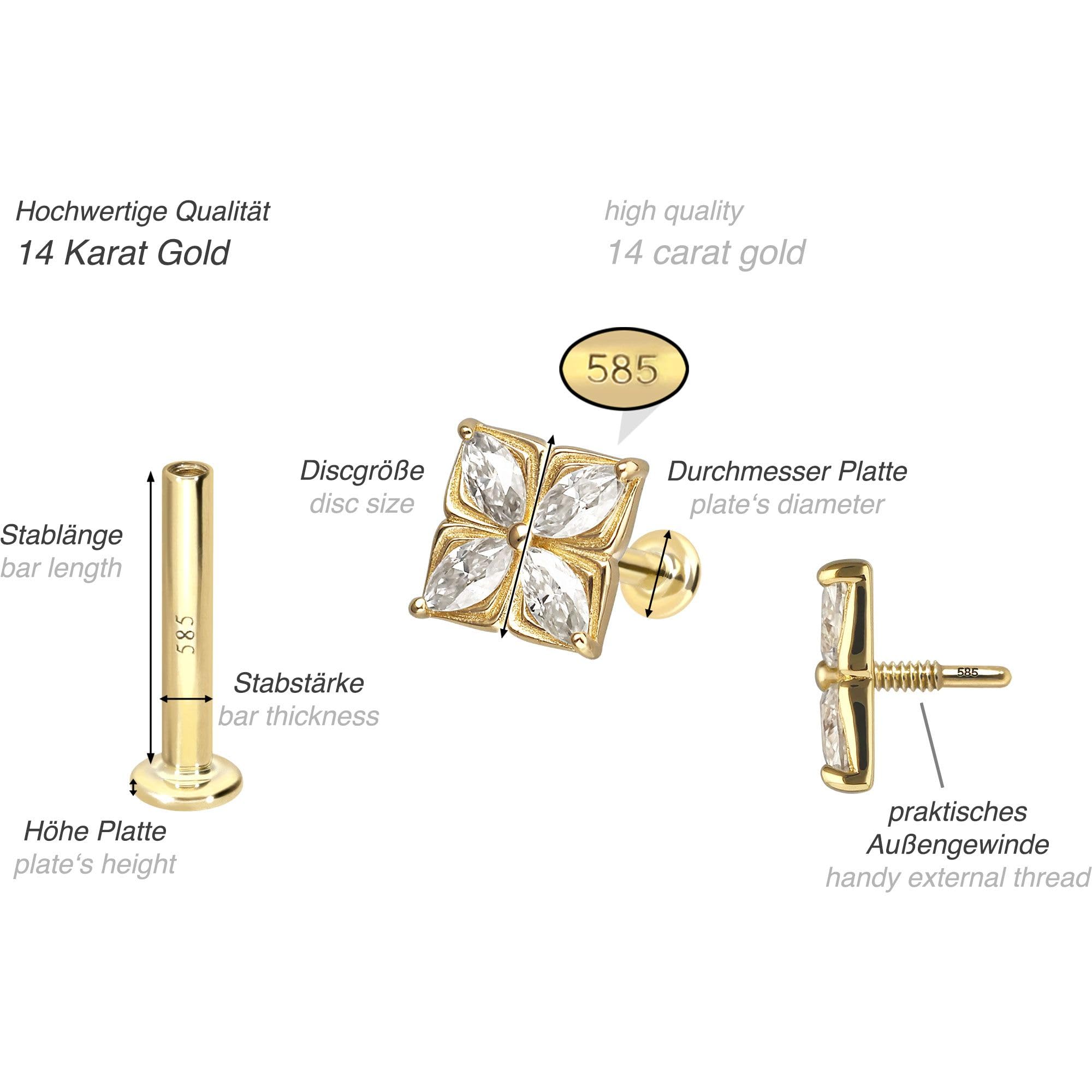 PIERCINGLINE Piercing Stecker 14 Gold Labret mit Innengewinde MOISSANIT-BLUME 585er Gold - Roségoldfarben, Goldfarben, Silberfarben