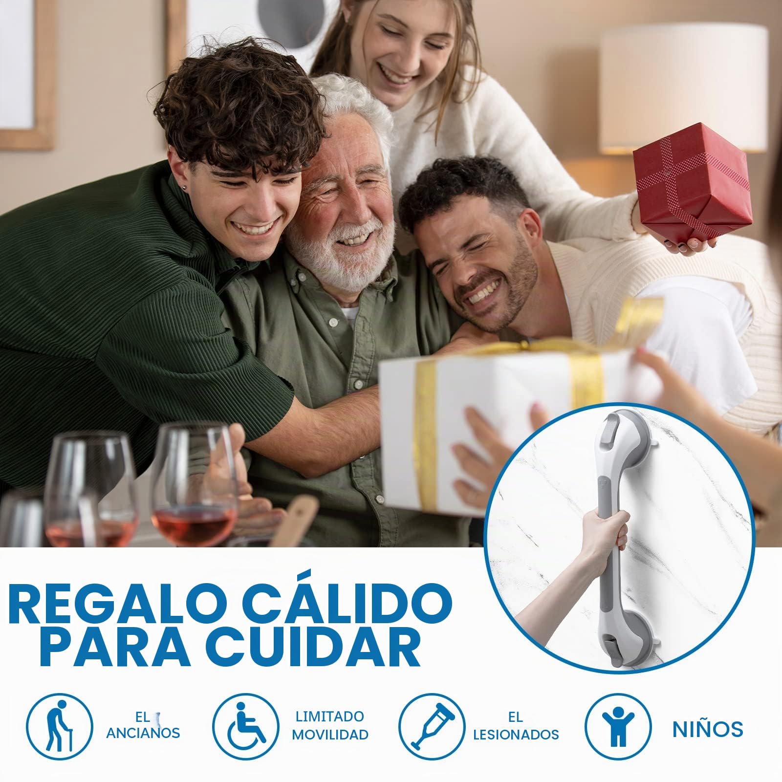 LEVERLOC Agarraderas Baño para Mayores, 43 CM Asidero Ducha de Succión, MAX Hold 110 KG Agarrador Ducha Personas Mayores, Agarre de Seguridad, Barra Baño sin Taladrar y Pasamanos Extraíble, Gris