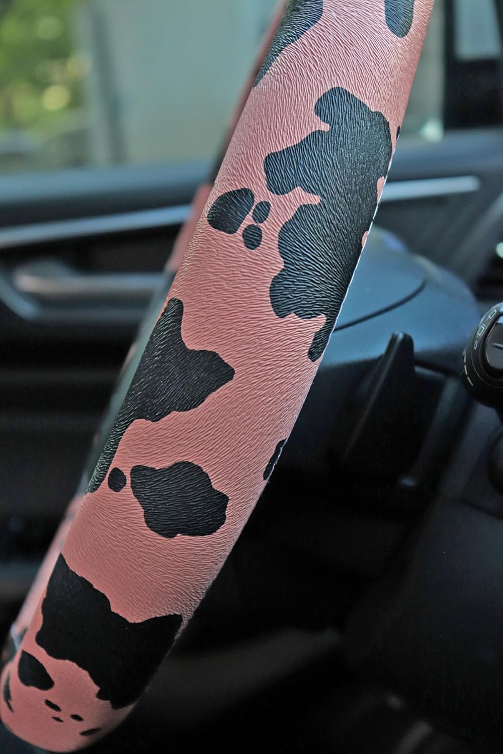 Dotesy Leather Cow Pattern Steering Wheel Cover Protector Cow Print Car Accessories Anti Slip Universal for 36.5-38cm (Coral Pink Black)