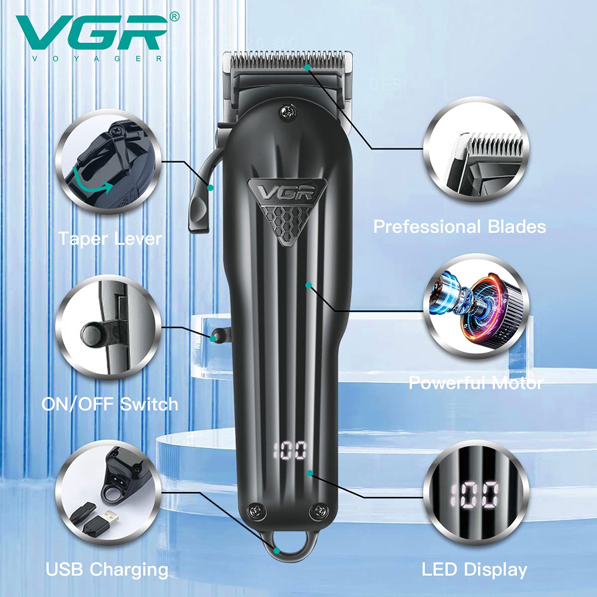 Diagram highlighting key features of the VGR V-282 hair clipper: professional blades, powerful motor, taper lever, ON/OFF switch, USB charging port, and LED display.