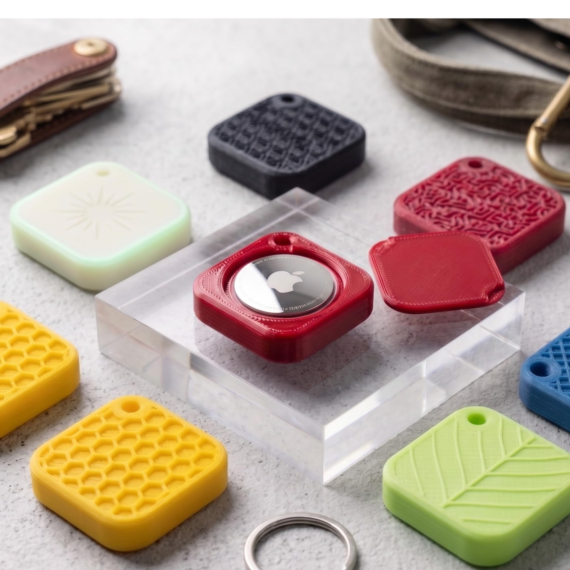 Textured Square Keychain Case for AirTag | Unique Protective Cover & Holder with Key Ring | Tracker Mount for Keys, Luggage, Backpacks and Pets | Random Pattern Design | 7 Colors (1, Red)-picture-16