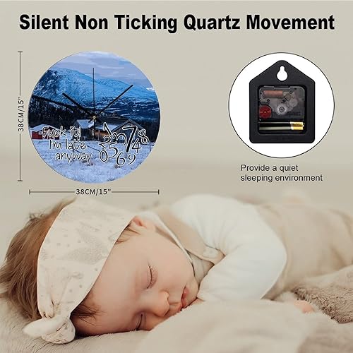 Miniatura 2 de COCOKEN Fuck It I'm Late Anyway Wall Clock Cabin in The Snow 15 Inch Large Wall Clocks Battery Operated Silent Farmhouse Wall Decor for Kitchen