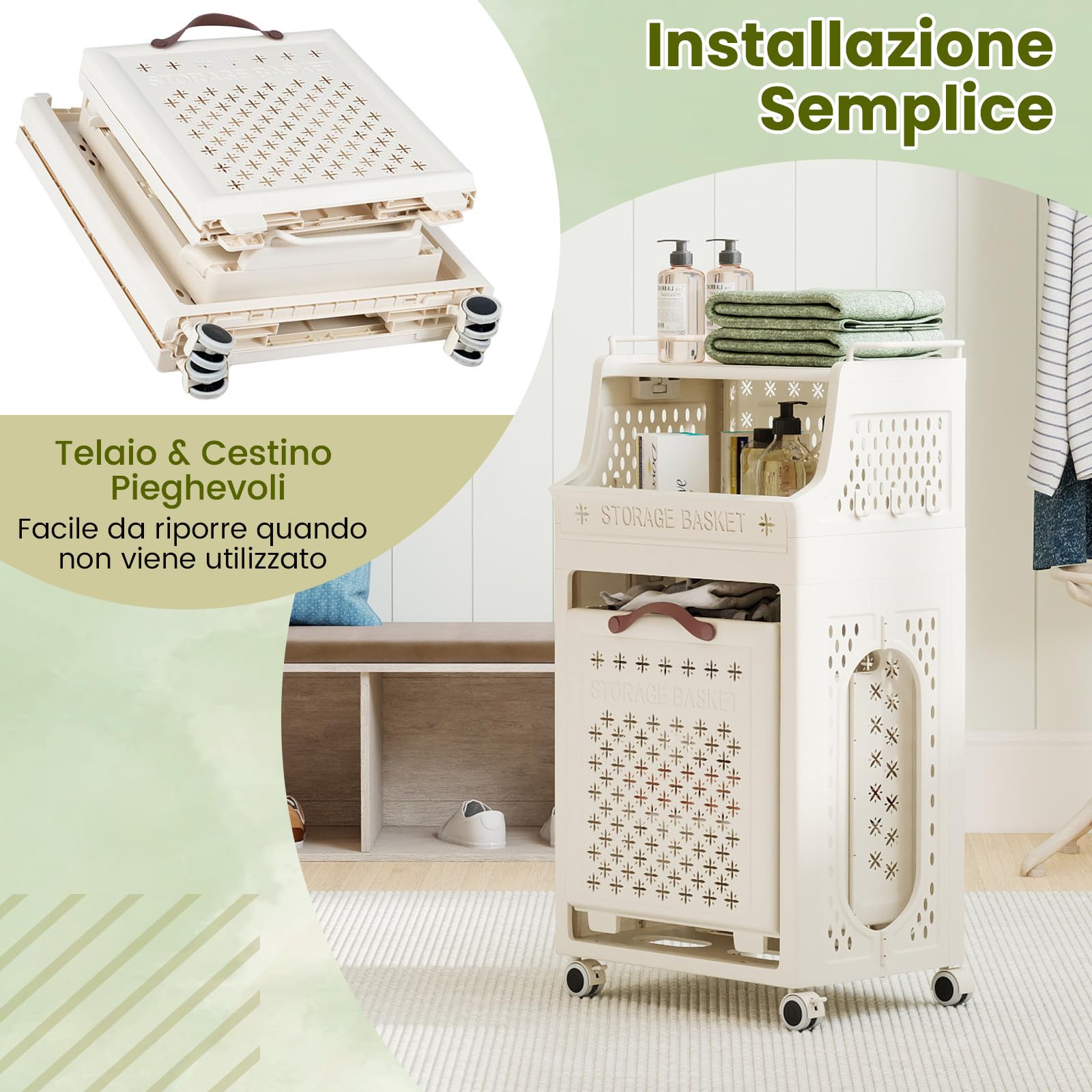 COSTWAY Cesto Portabiancheria Pieghevole con Ruote | Carrello Organizzatore per Bagno con Contenitore di Stoccaggio e Ganci, in Plastica a Più Strati