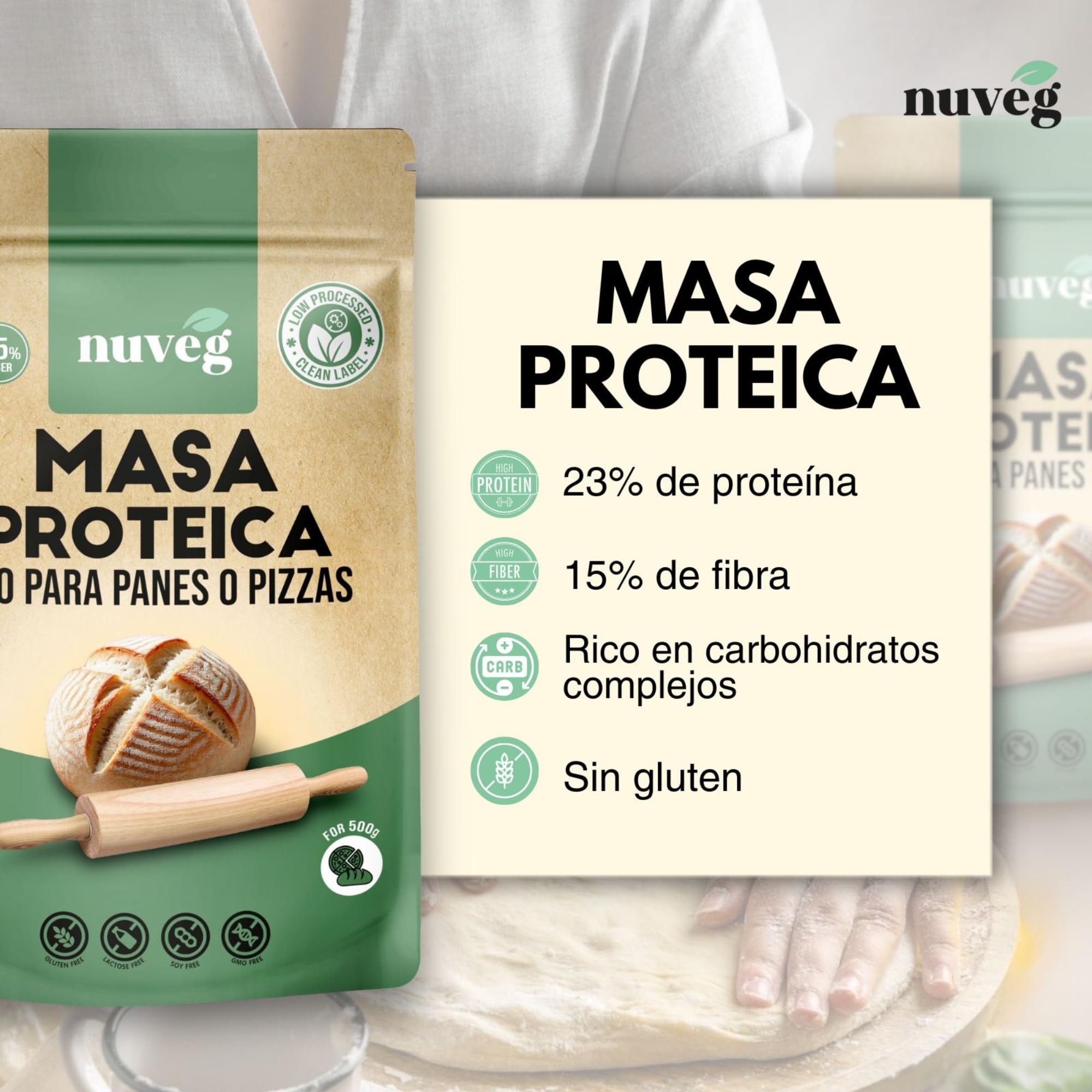 NUVEG Masa Proteica Ecológica para Panes o Pizzas, Vegano, Preparado para Pan Proteico y Masa de Pizza, Harina Panificable Sin Gluten, Sin Lactosa, Contiene Harina de Trigo Sarraceno, Pack 2, 540g