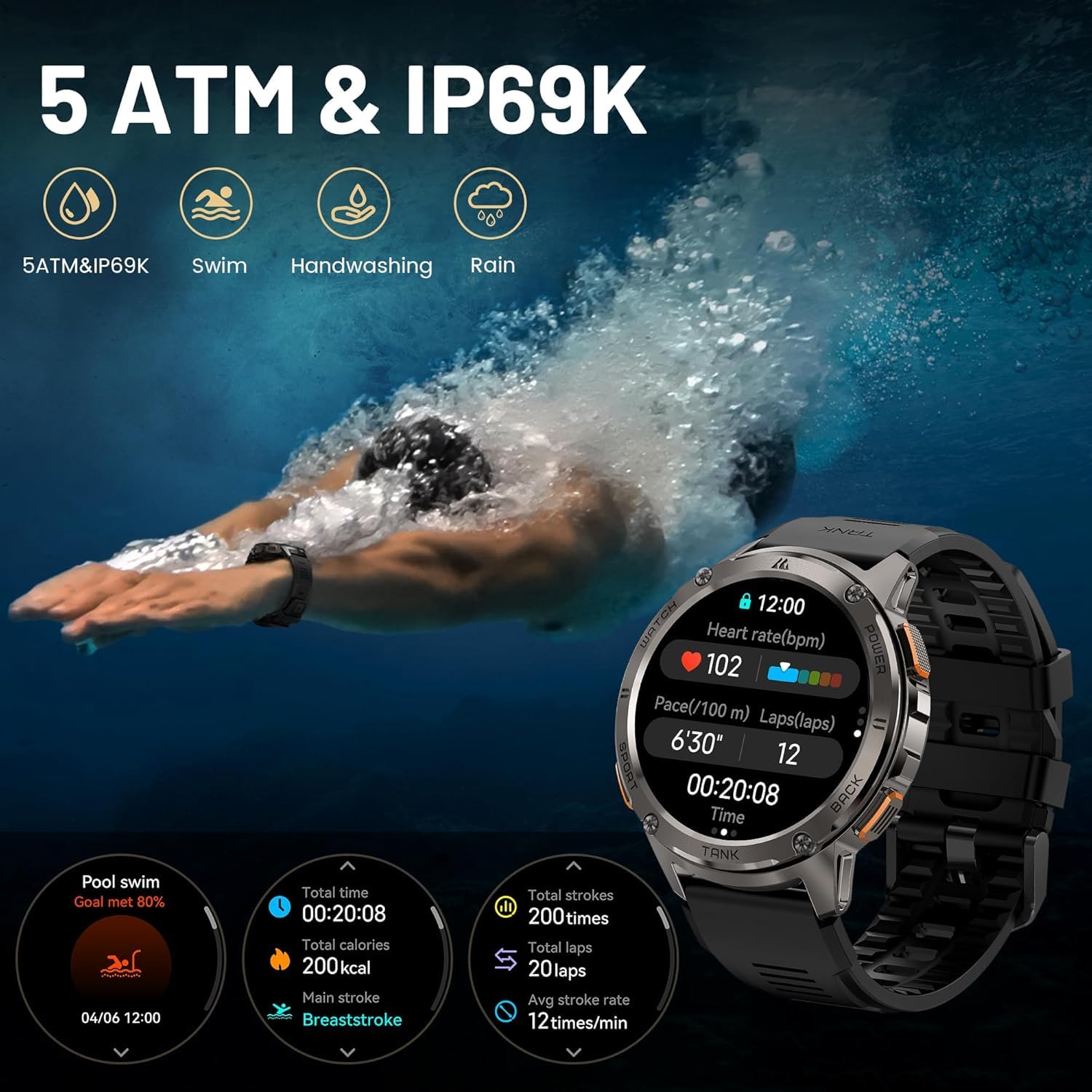 KOSPET TANK T3 Smartwatch Herren, 60 Tage Akkulauf, 50m wasserdicht, militärgetestet, Vollmetallgehäuse, 1,43" AMOLED