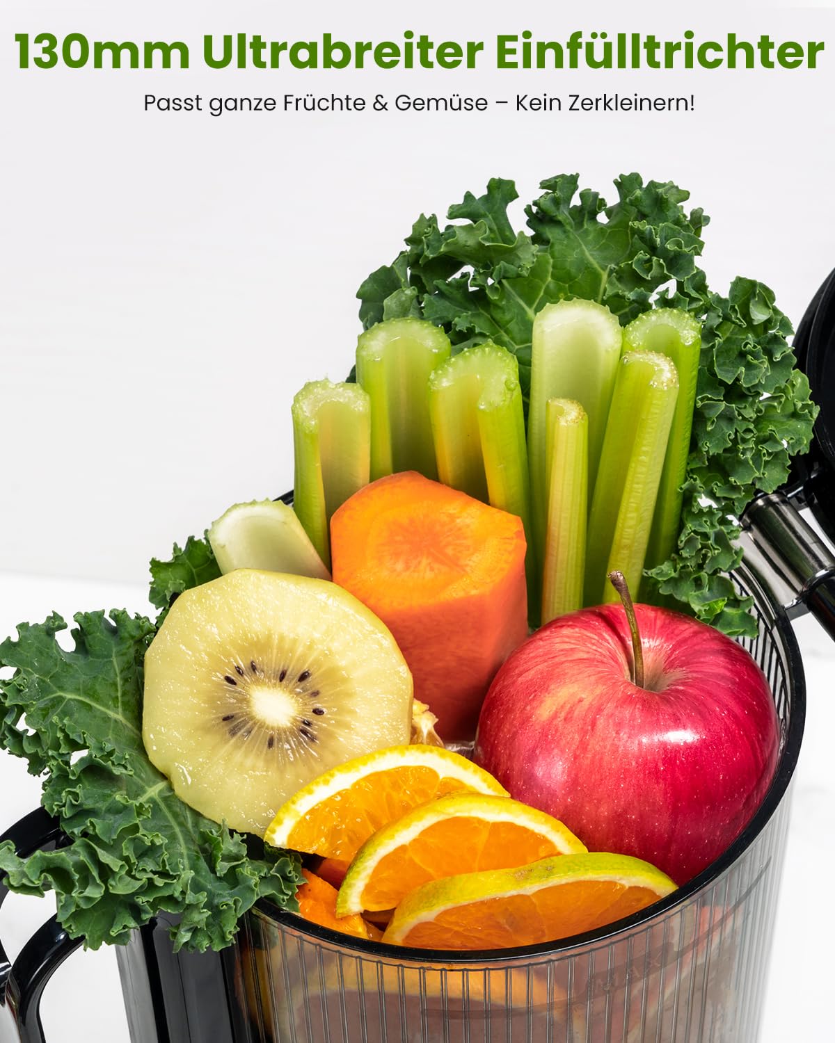LINKChef Entsafter Slow Juicer, 130 mm große Öffnung, Entsafter Gemüse und Obst, 1,8 L Kapazität, 250W Elektrischer Juicer mit Rücklauffunktion, Leise, Einfache Montage, Leicht zu Reinigen, BPA-frei
