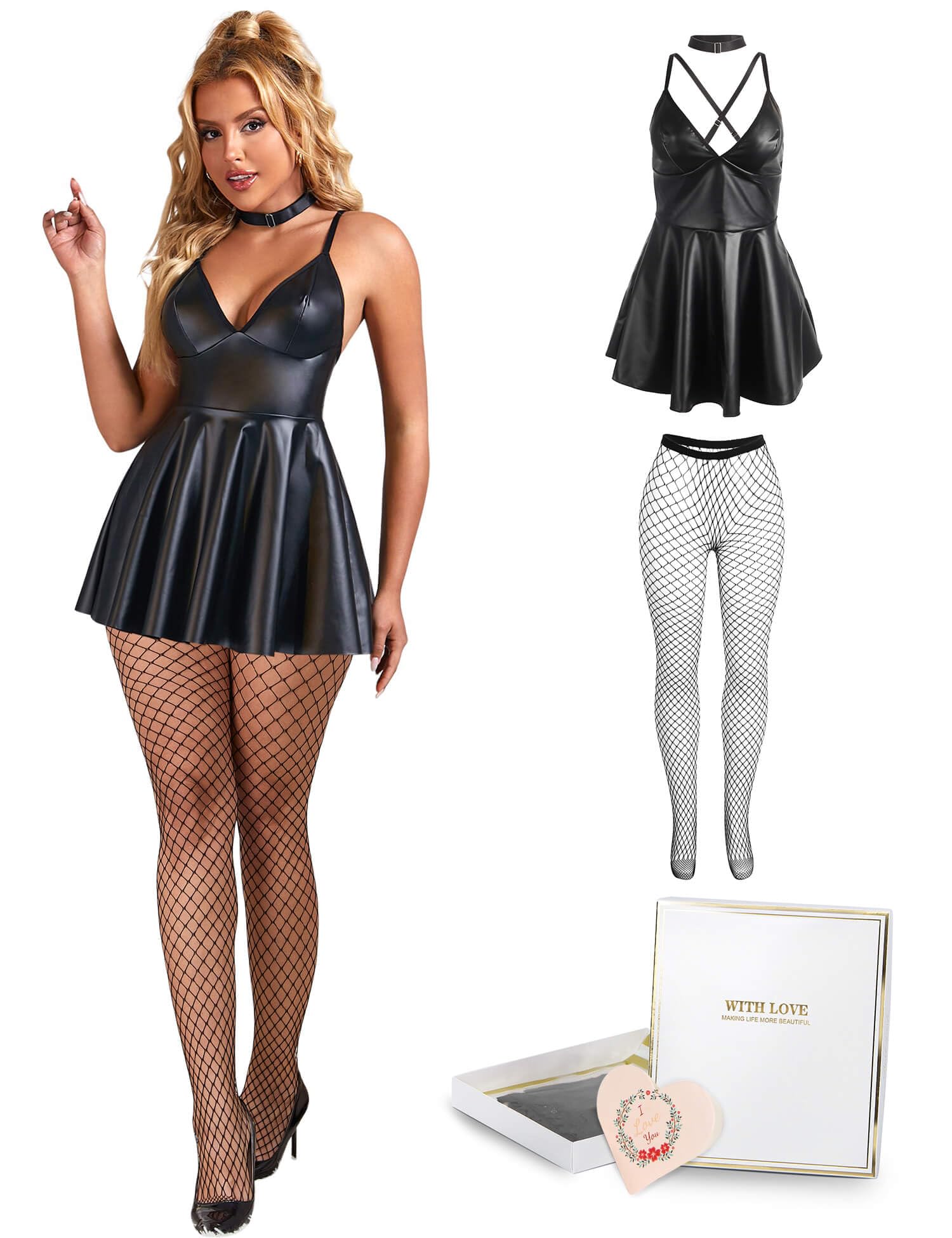 ohyeahlady Sexy Outfit für Damen Babydoll Kleid Dessous Damen Sexy Reizwäsche Curvy Unterwäsche für Frau Lederkleid mit Strumpfhosen Kinky-Outfit Minikleid Clubwear Swingerclub Schwarz+Strümpfe,XXL