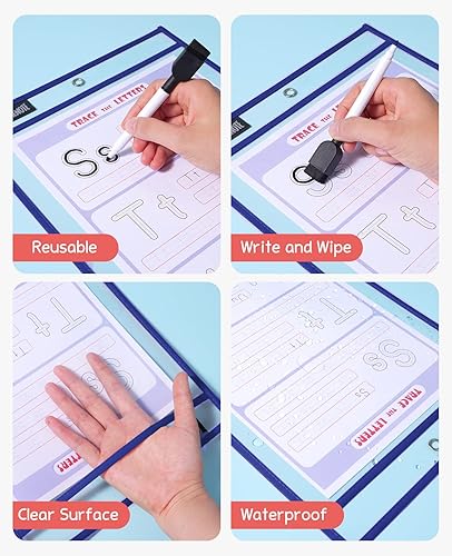 Miniatura 5 de Gamenote Bolsillos de borrado en seco, paquete de 30 con anillos, fundas de plástico reutilizables de gran tamaño, soportes para boletos,