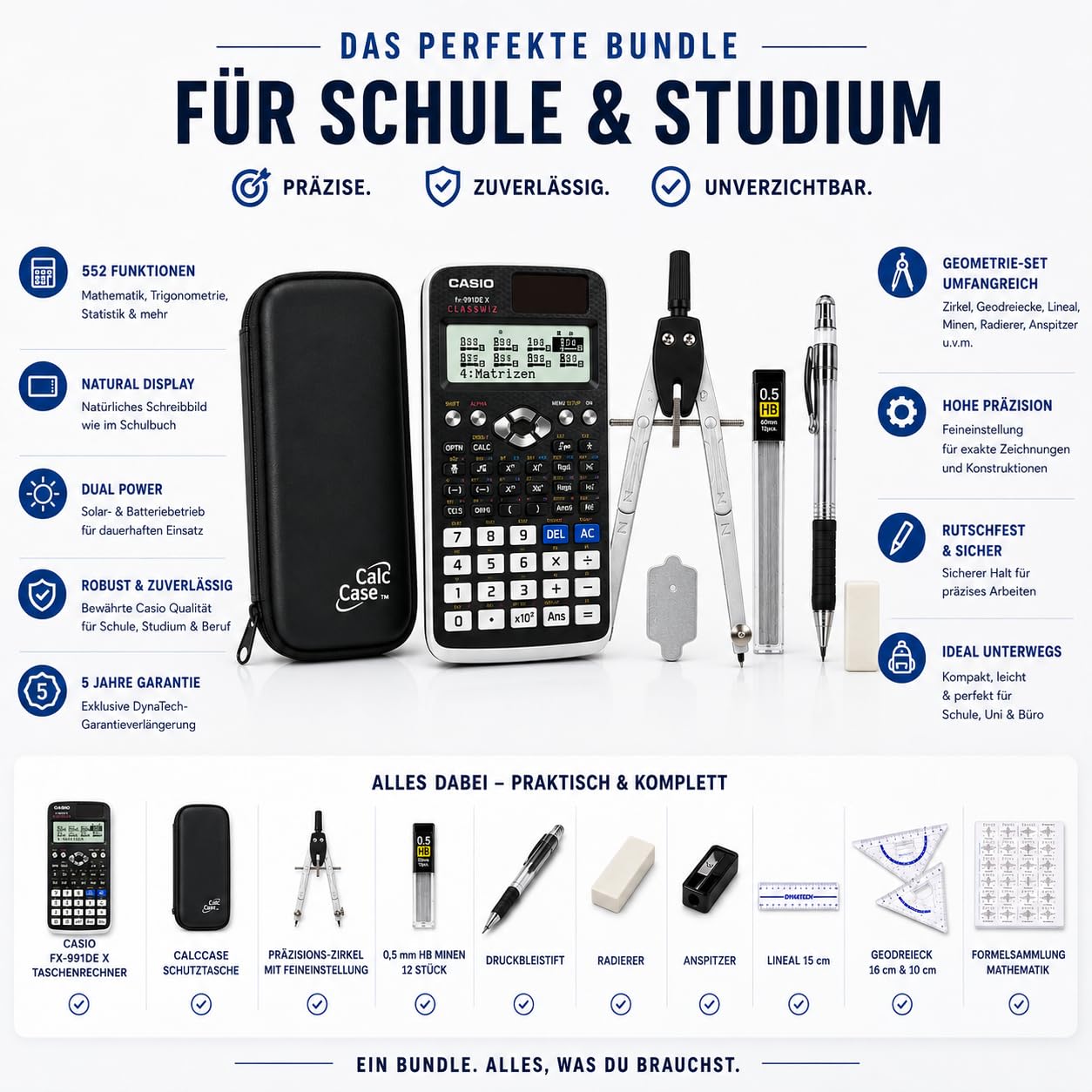 DynaTech Casio FX-991DE X mit Geometrie Zirkelset für Schule & Studium