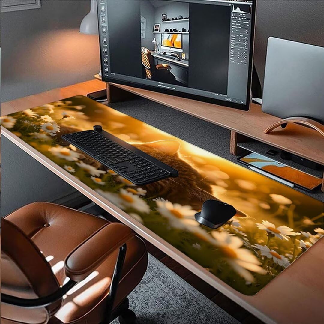 Podkładka pod mysz dla kota, podkładka pod mysz XXL 1200 x 600 x 3 mm, podkładka pod mysz wschód słońca antypoślizgowa wodoodporna podkładka pod mysz dla graczy, podkładka pod mysz z przeszytymi