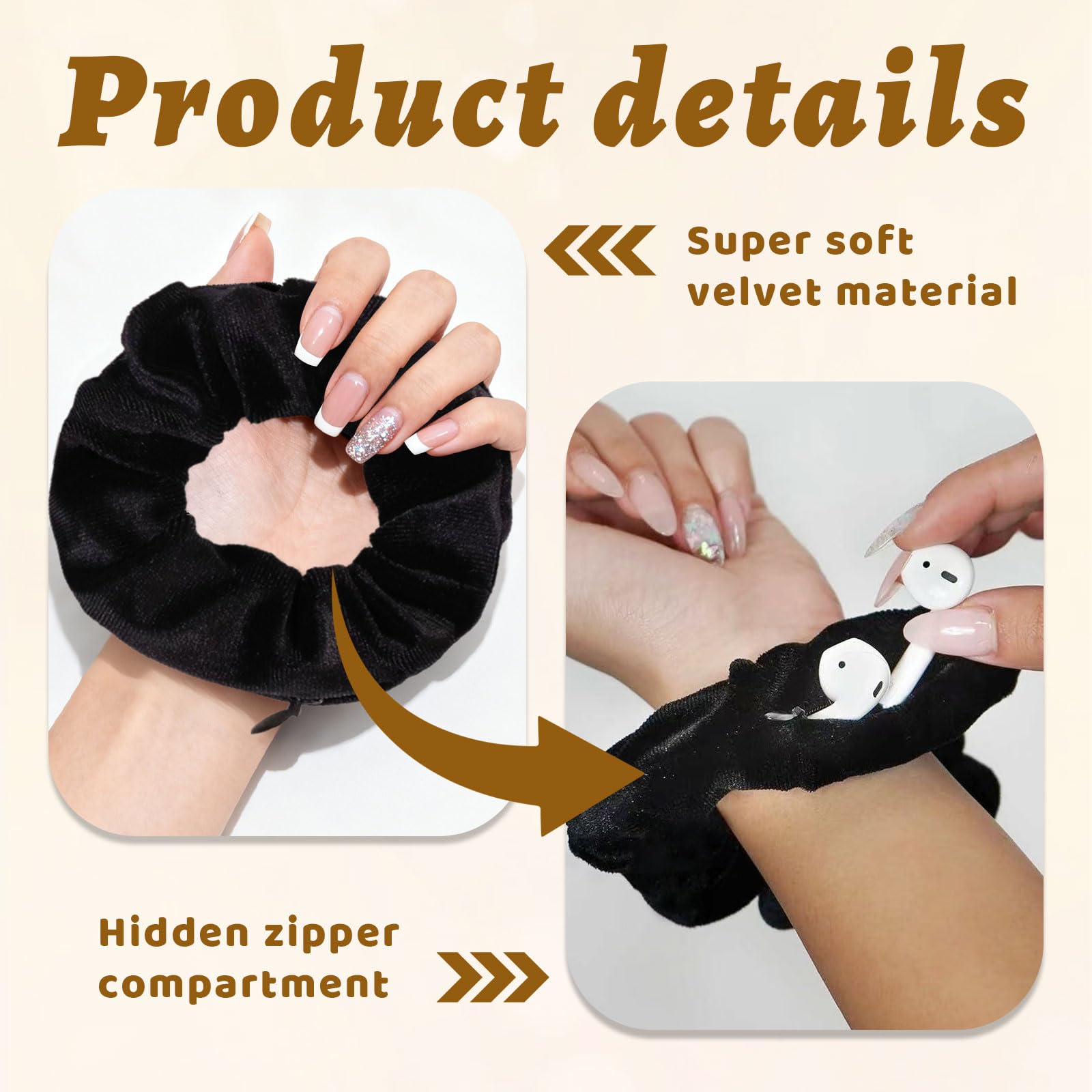Xanthelle Hair Tie with Zipper, Travel Gadget & Holiday Essential for Women Velvet Scrunchie with Secret Pocket for Beach & Valuables - Image 3