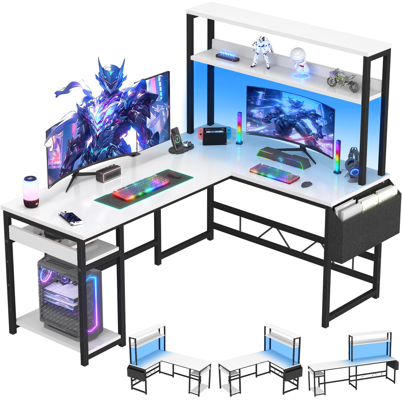 Devoko Scrivania Gaming con LED, 155 x 100 cm Scrivania con Ripiano Reversibile, Scrivania ad L con 2 Prese e 2 Porte USB, Scrivania Gaming con Scomparti e Spazio di Archiviazione, Bianca