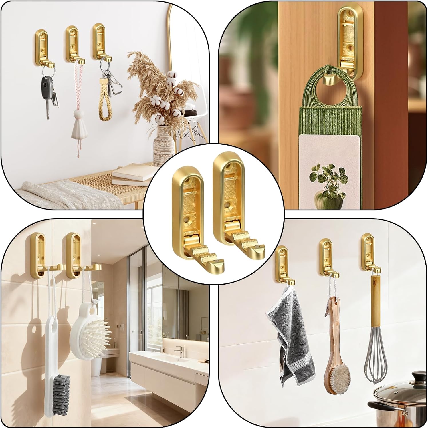 Foldable Wall Hooks 2 Pack Zinc Alloy Collapsible Hangers Space Saving Screw Mount for Towels Bags Entryway Apartment (Golden-2pcs)