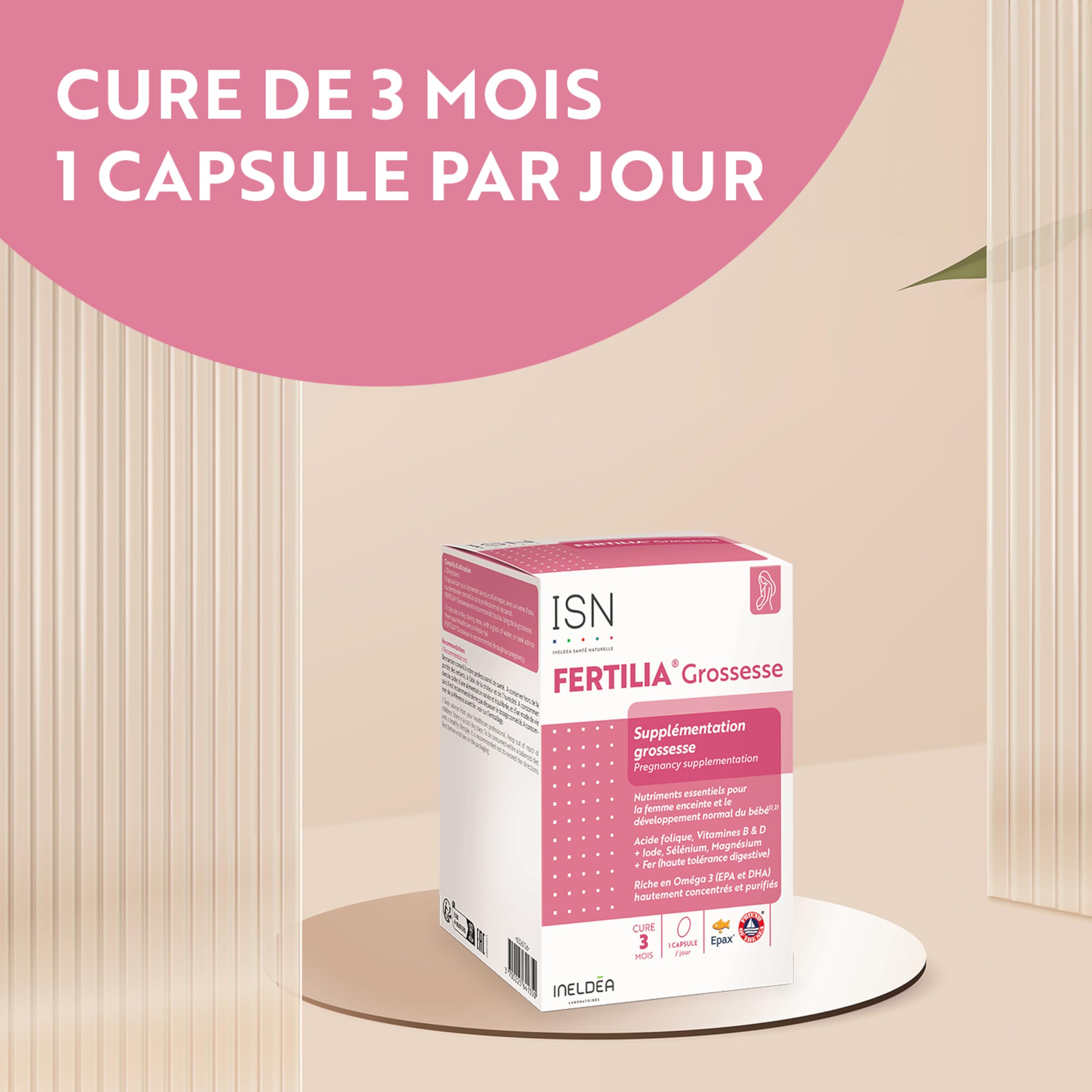 ISN - Fertilia® Grossesse - Complément alimentaire à base de nutriments essentiels pour le bien-être de la femme enceinte & le développement de bébé - Riche en Omega 3 - Cure 3 mois
