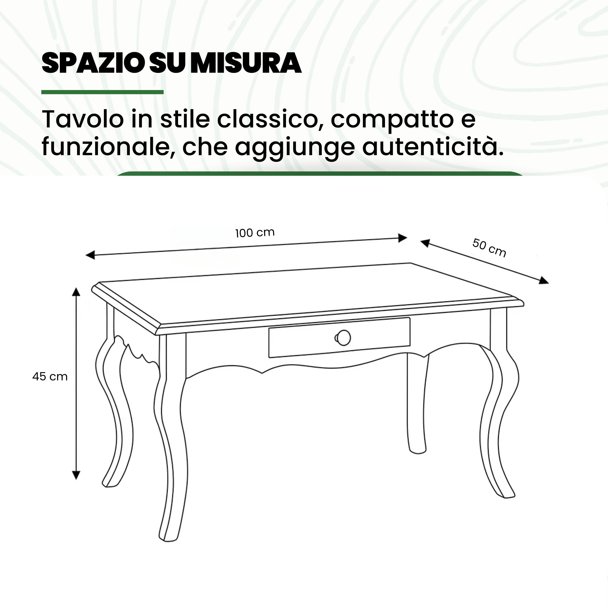 Mar.c.a. Design - Tavolino Rettangolare con Cassetto e Gambe Curve - Tavolino Legno Salotto 100x50x45 cm in Stile Arte Povera - Made in Italy