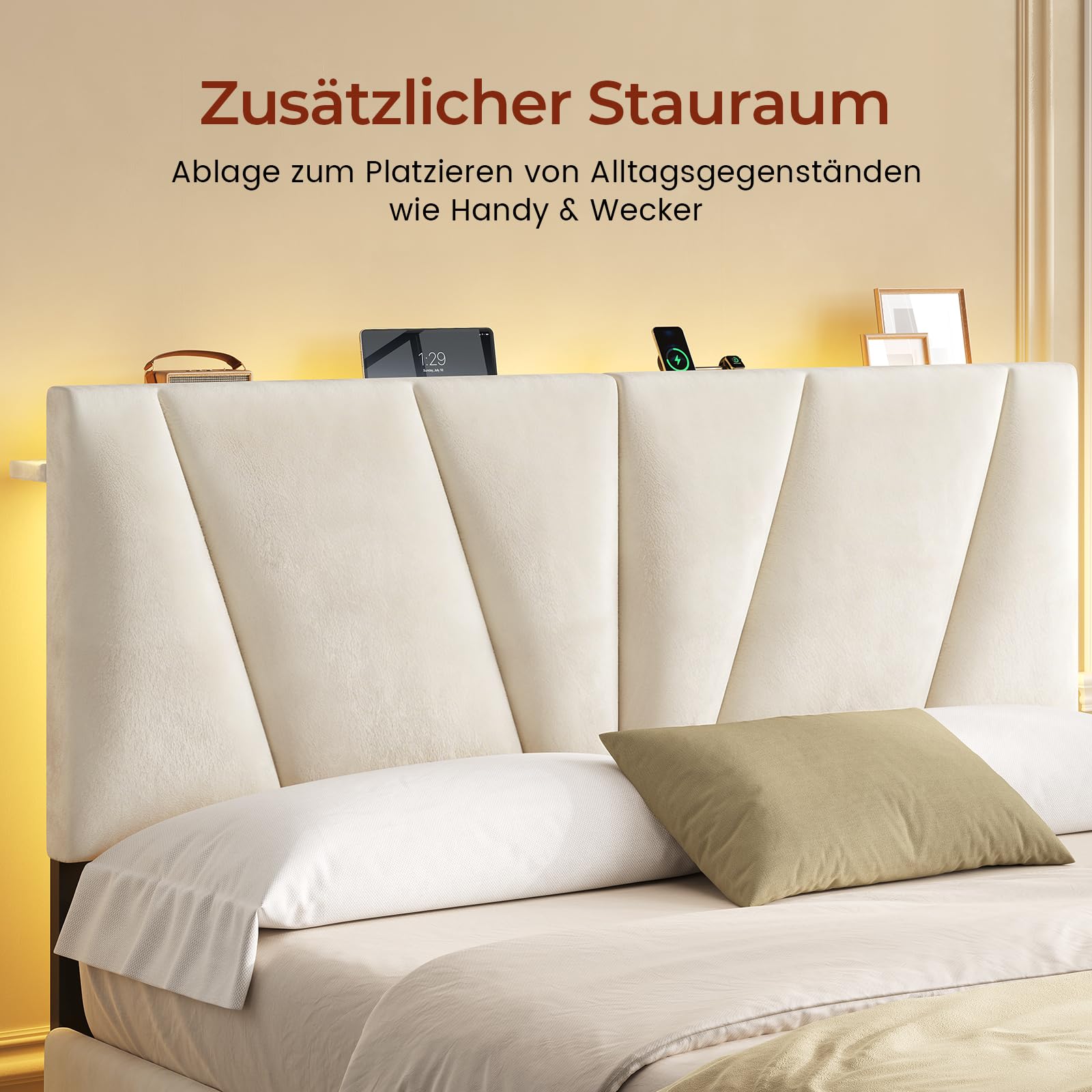 KIMENICH Bett 140x200, Samt Bett mit 4 Schubladen, Doppelbettgestell mit Steckdose & LED-Lichtband, 3-stufig höhenverstellbares Kopfteil, Schlafzimmer Stauraumbett, Beige Samt