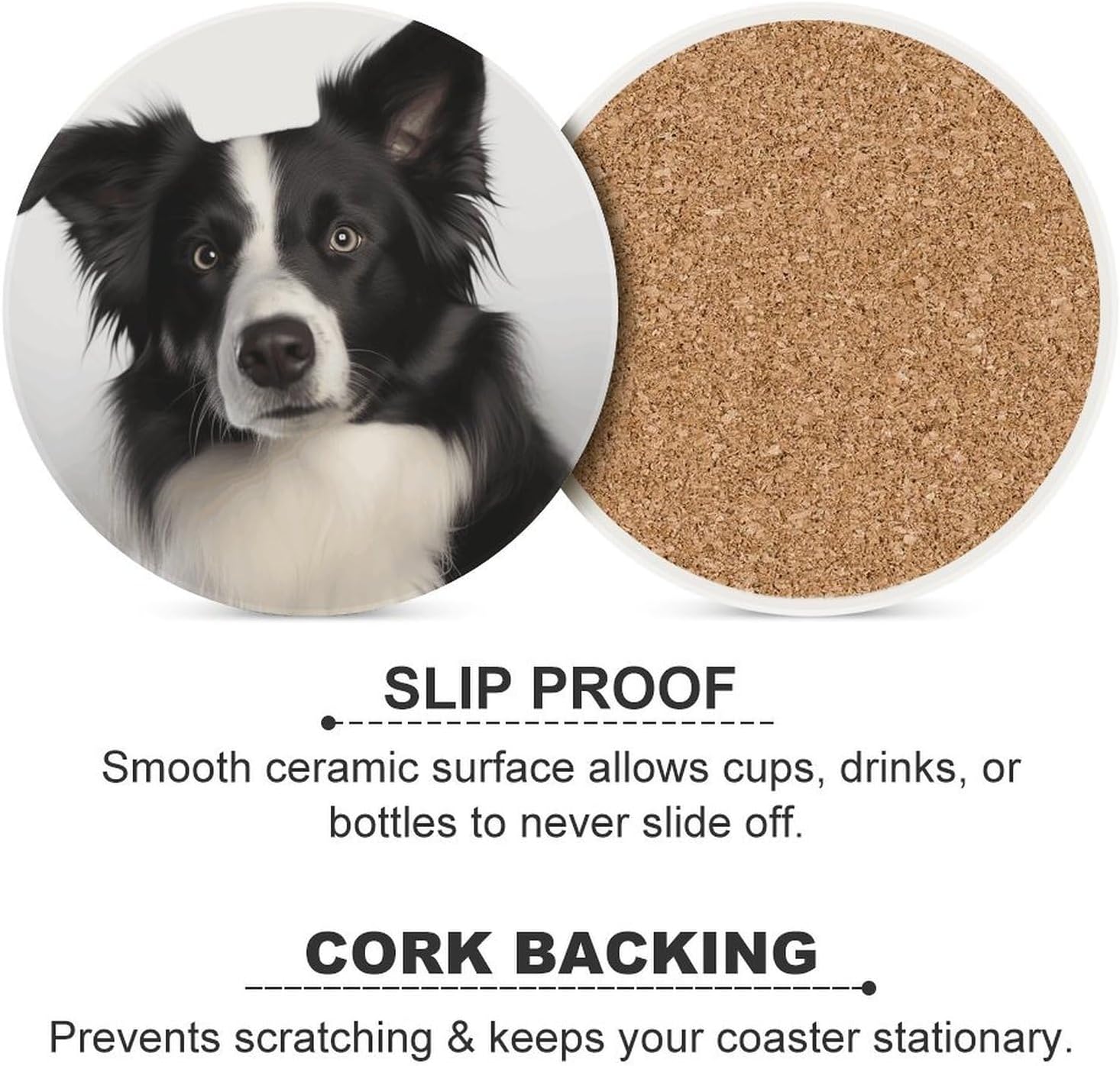 Border Collie Coasters for Drinks Absorbing Round Ceramic Stone Coaster with Cork Base Coffee Cup Beverage Table Cup Mat Modern Style Bar Coaster Set for Home Decor