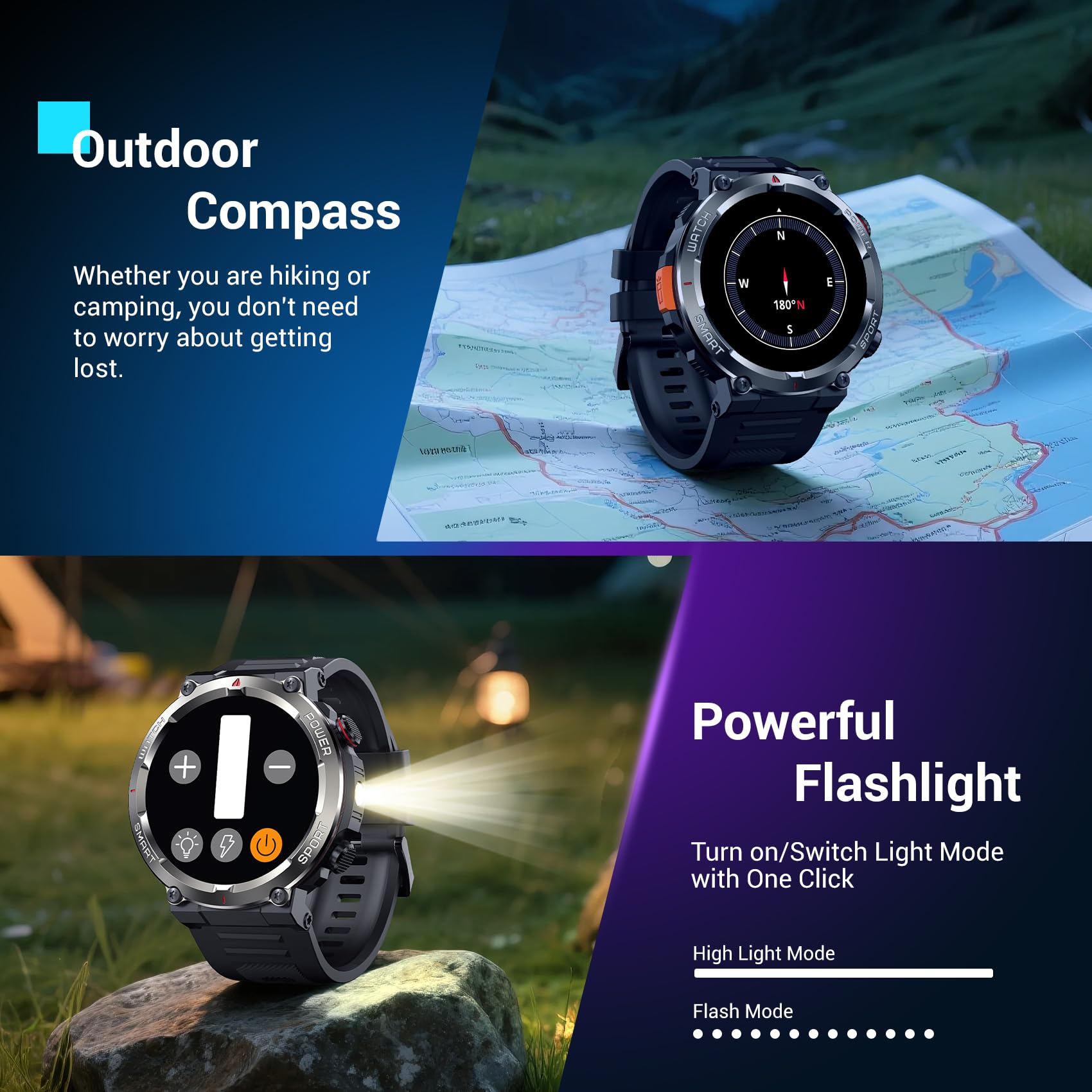Military Smart Watch for Men(Answer/Make Calls),Outdoor Smartwatch with 100 Days Battery/Flashlight/Compass/Heart Rate/SpO2/Sleep Monitor/2 Straps, Rugged Fitness Watch for iPhone/Android Phones