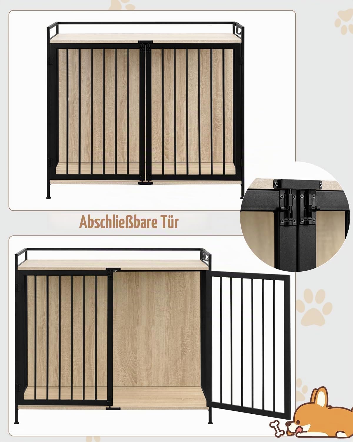 EUGAD Hundebox, Hundekäfig Möbel, Hundebox für Zuhause | 104x92x60cm, für Kleine bis Mittelgroße, mit Großzügige Plattform, aus Holz, Hundekäfig Indoor,Dog Crate als Beistelltisch