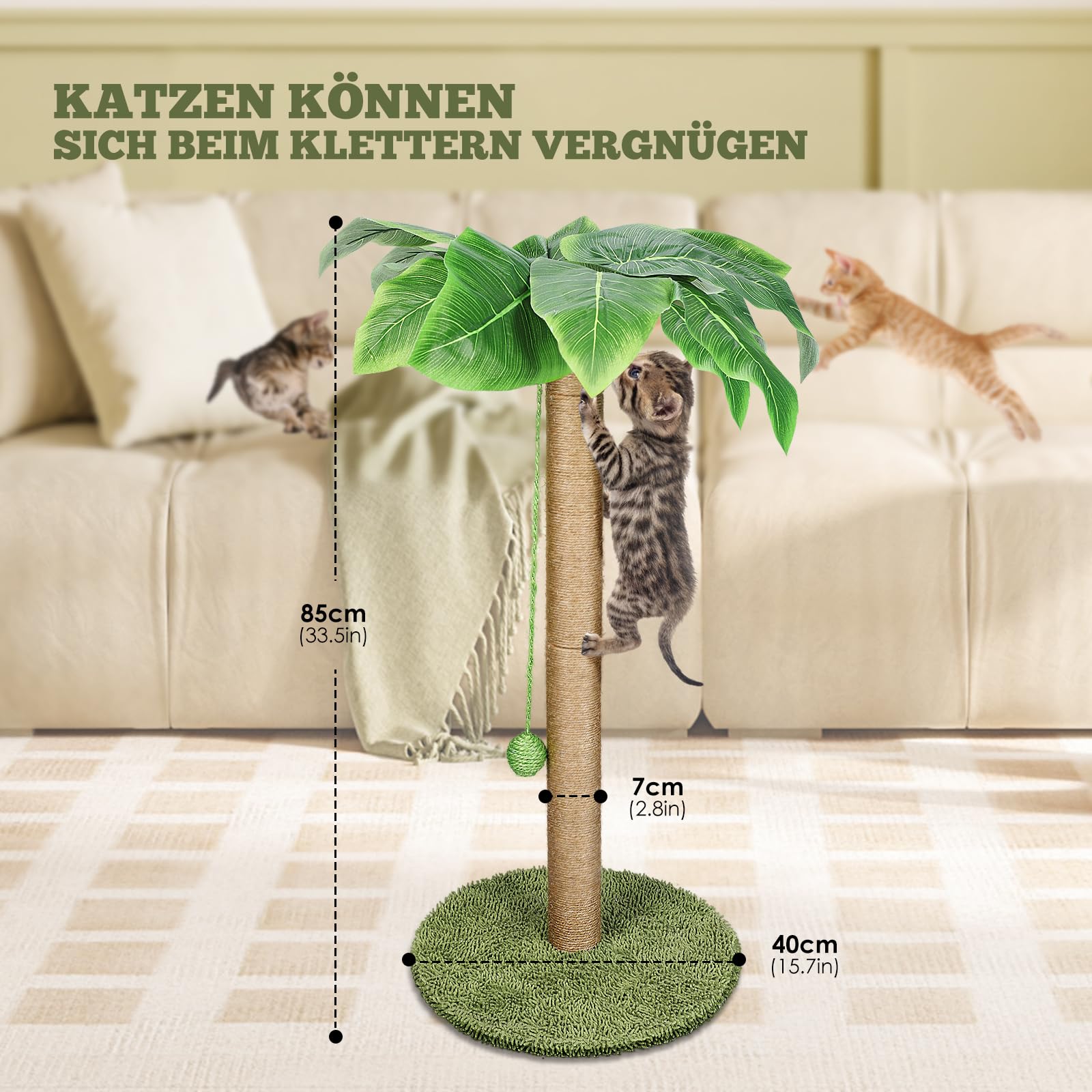 HEVOL Rascador para Gatos de Poste, 85 cm Arbol Rascadors Gato con Cuerda De Sisal Premium, Arbol Rascador de Gato con Diseño de Bola Colgante, Torres para Gatos Interior envía 1 Juguete de Plumas