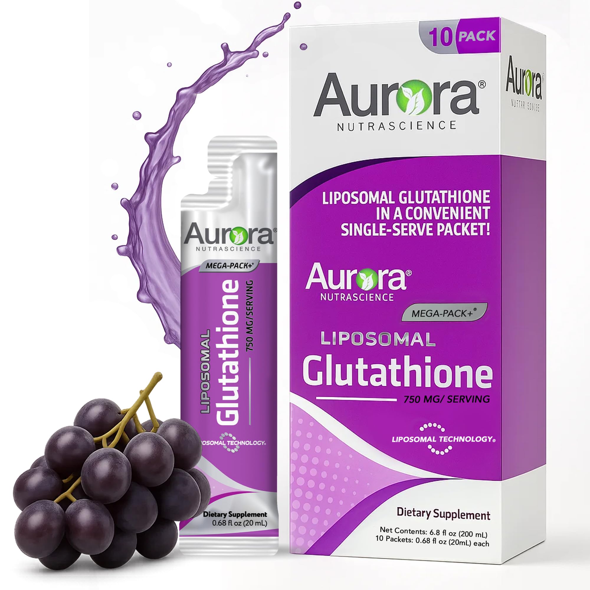 Vida Lifescience Aurora Nutrascience Mega-Liposomal Liquid Glutathione, Immune & Antioxidant Gut Health Support Supplement, 750 mg per Serving, Non-GMO, Sugar-Free, 10 Single Serve Packets