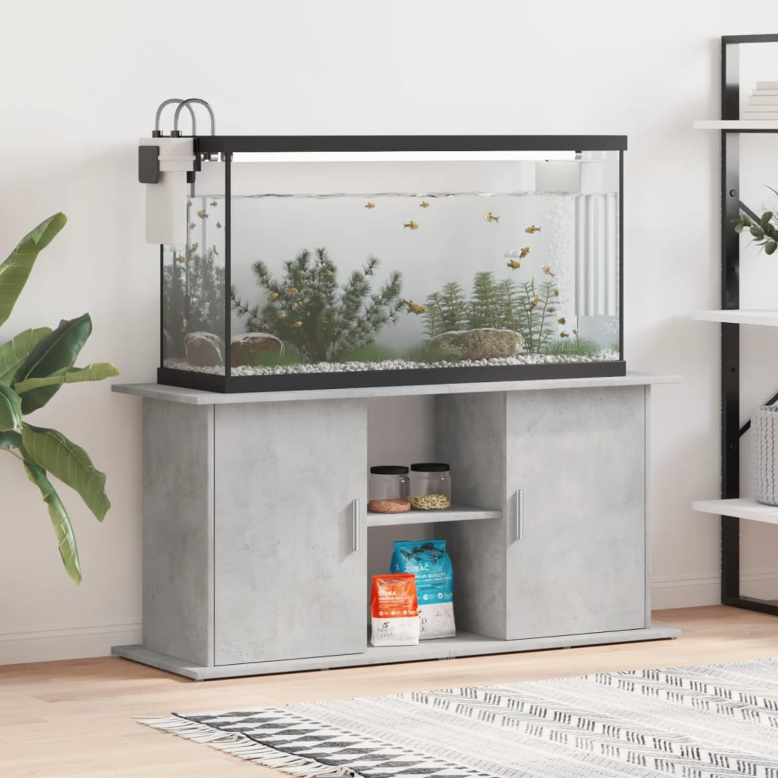 Gecheer Aquarium Stand with Storage, 121 x 41 x 58 cm Engineered Wood Fish Tank Stand in Concrete Grey, Stable and Stylish Display for Ornamental Fish and Aquatic Plants 833619