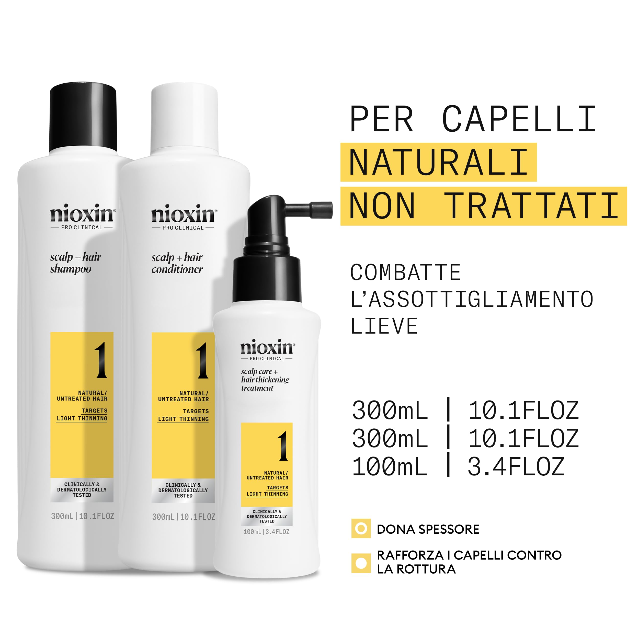 Nioxin Scalp + Hair Thickening Sistema 1 Shampoo, Balsamo, Trattamento Cuoio Capelluto per Capelli Naturali con Assottigliamento Lieve