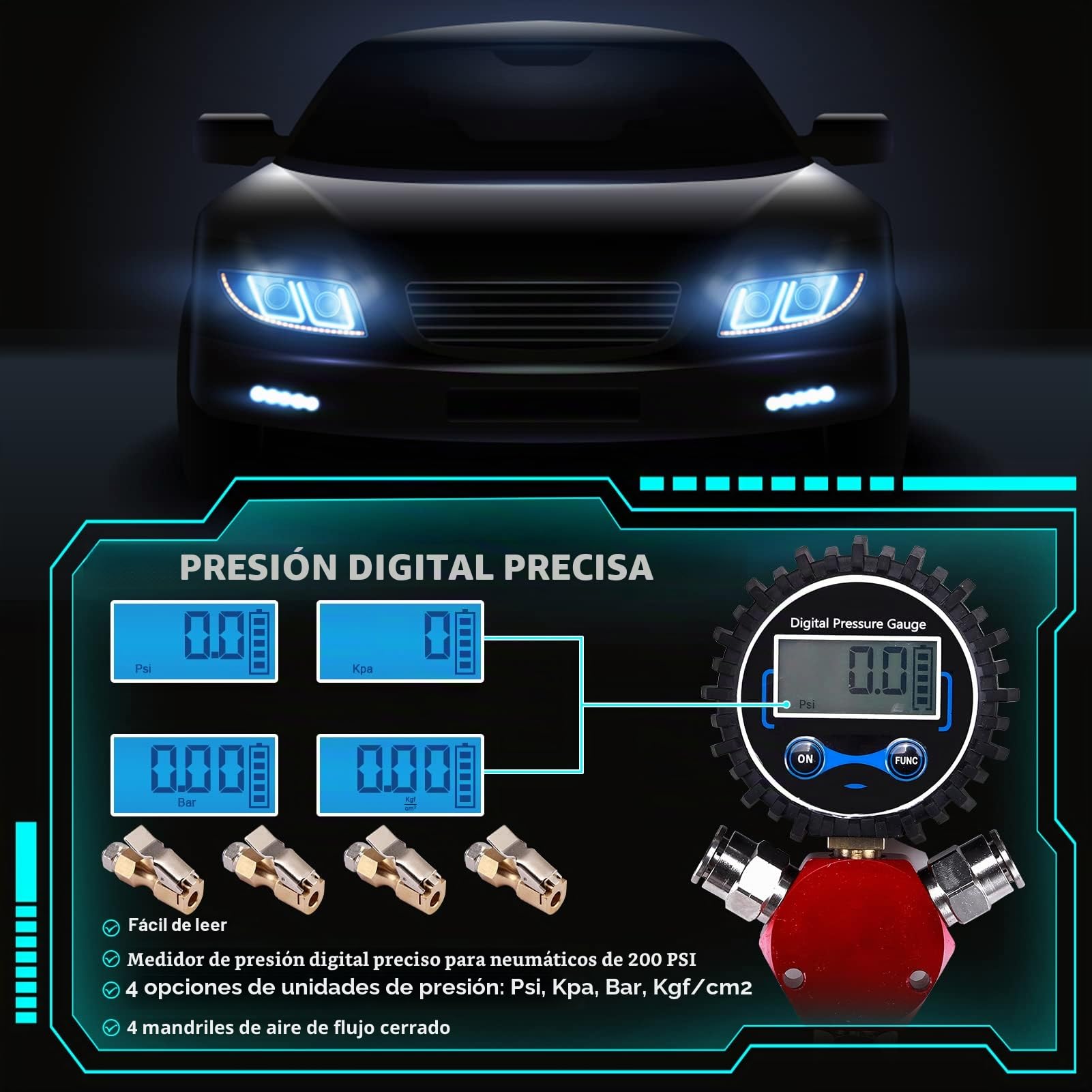 Sistema de inflado de neumáticos de 4 vías con 4 mandriles de aire de flujo cerrado, medidor digital de presión de neumáticos para automóviles, camiones, vehículos todoterreno, compatible con tanques