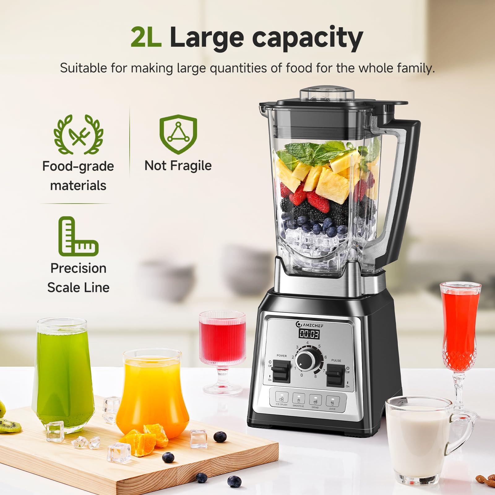 AMZCHEF Standmixer 2000 Watt | 2L Mixer Hochleistungsmixer | Blender mit 8 Einstellbaren Geschwindigkeiten und 4 Vorprogramme für Crushed Ice, Smoothie Maker, Grind Mixer | BPA-Freiem