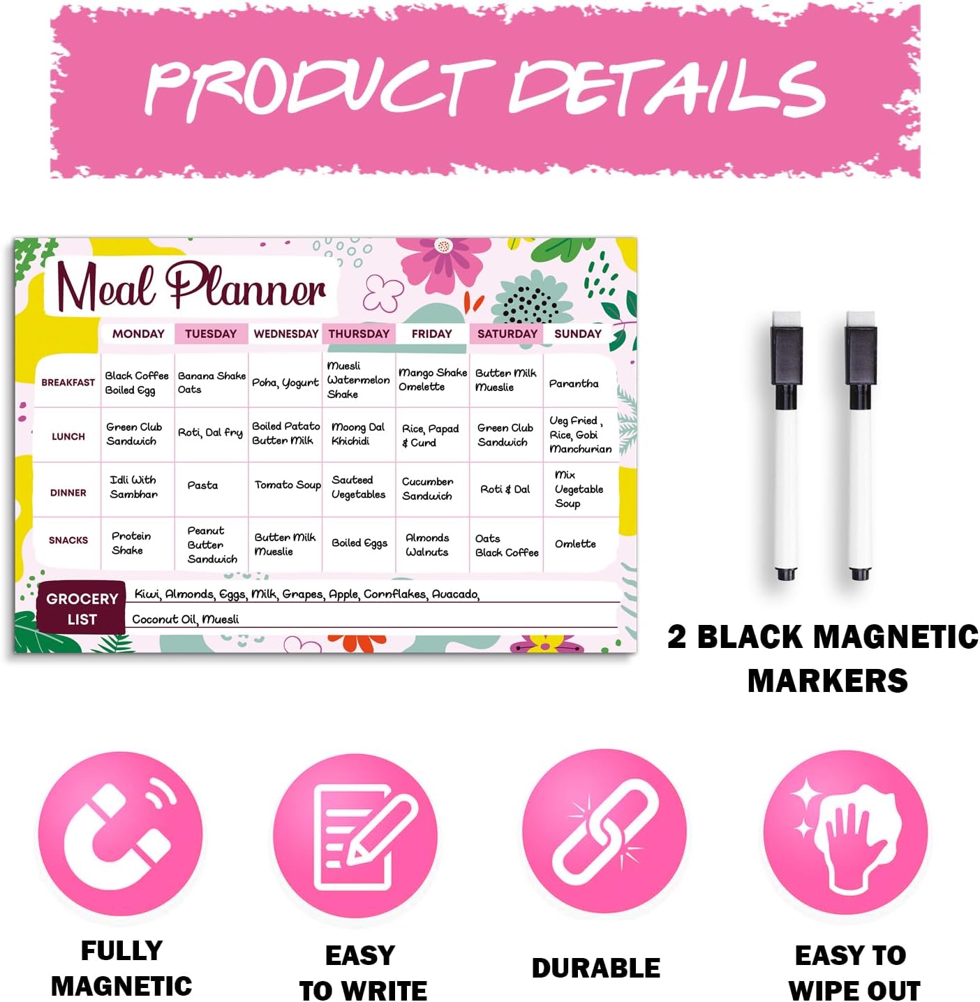 Rousrie Meal Planner Magnetic Fridge Weekly Schedule Smart Diet Planning With 2 Dry Erase Black Markers (Size - 45 cm by 30 cm) (Style 6)