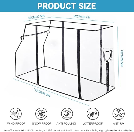 Clear Folding Wagon Rain Cover, Collapsible Garden Cart Trolley Cover, Waterproof Transparent Protector for Camping, Outdoor & Shopping, Fits Most Standard Utility Wagons (Wagon Not Included)
