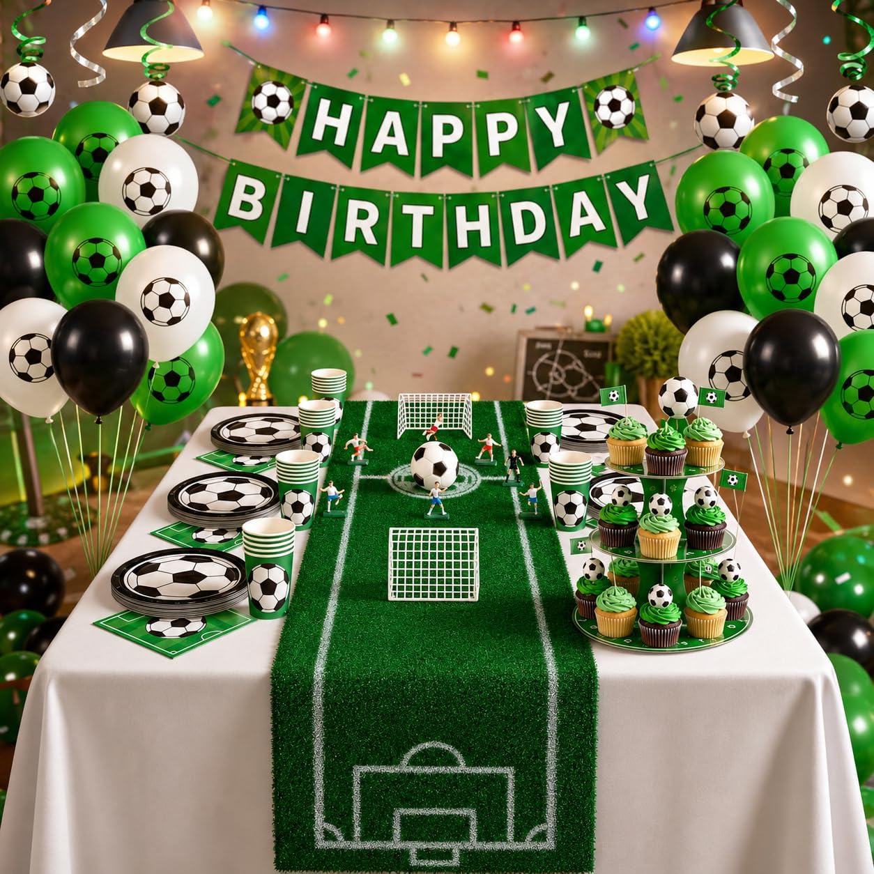 Soccer Party Decorations Table Runner - 13 x 72 Inch Artificial Grass Soccer Field Runner with 7 Player Figures, 2 Goal Nets and Mini Soccer Ball, 2026 Soccer Birthday Game Day Watch Party Decor