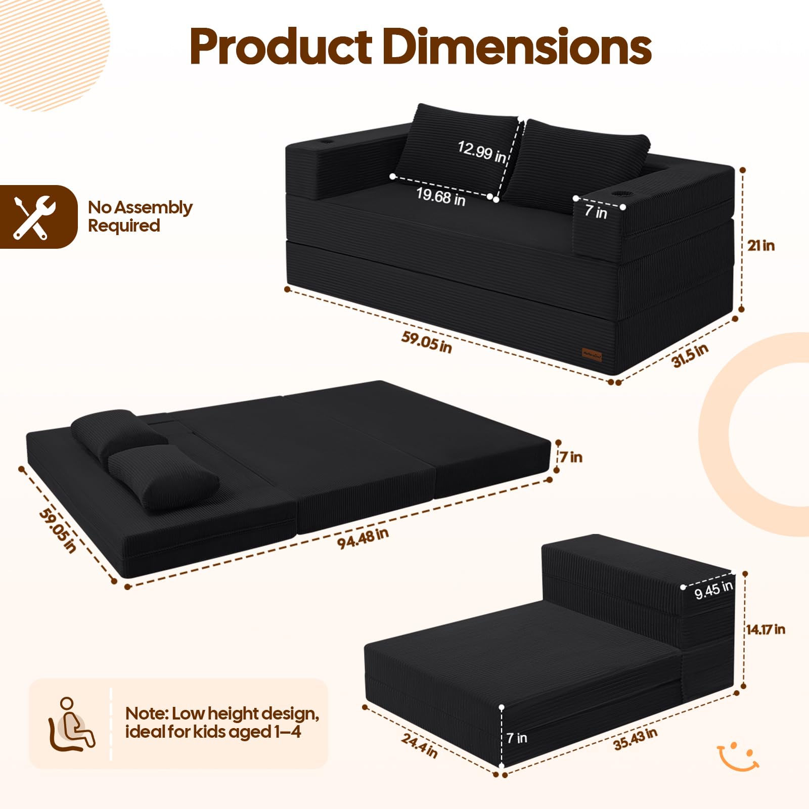 MeMoreCool Boneless Sofa Bed Queen, 94x59 in Extra Long Futon, Black | Folds out to a 94 in bed, longer than a queen mattress