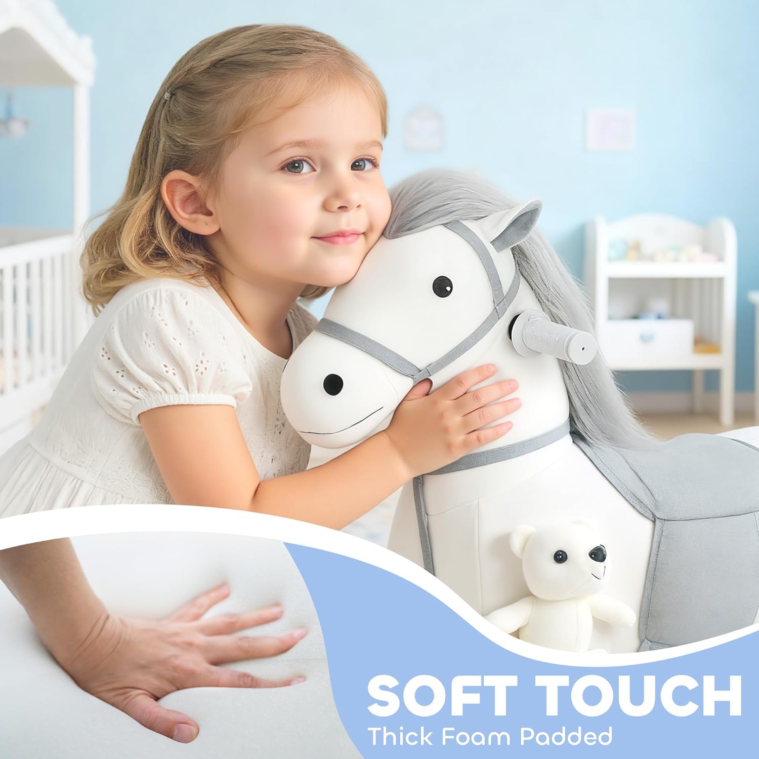 Qaba 6V Kids Ride on Horse, Battery Powered Ride on Toy, Electric Riding Pony with Bear Toy, Music, Soft Touch, PU Wheels, Foot Pedal, Forward, for Girls Boys Aged 1.5-5 Years, White