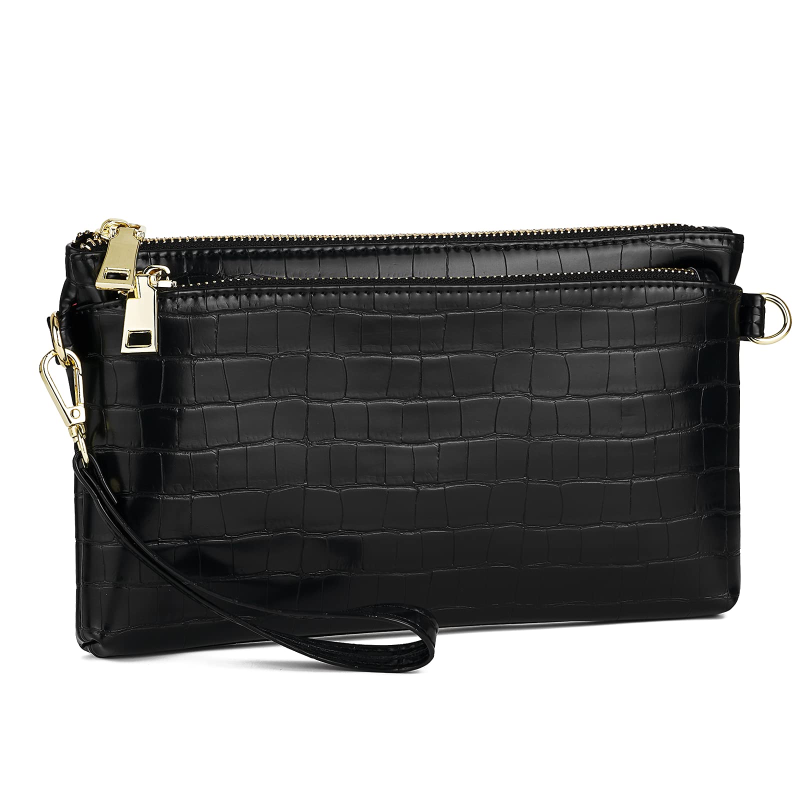 ZOOEASS Triple Zip Small Crossbody Bag Lightweight Purses Vegan Leather Wristlet Clutch, Includes Adjustable Shoulder | Triple Zip, Small, Lightweight, Vegan Leather: Crocodile Blcak