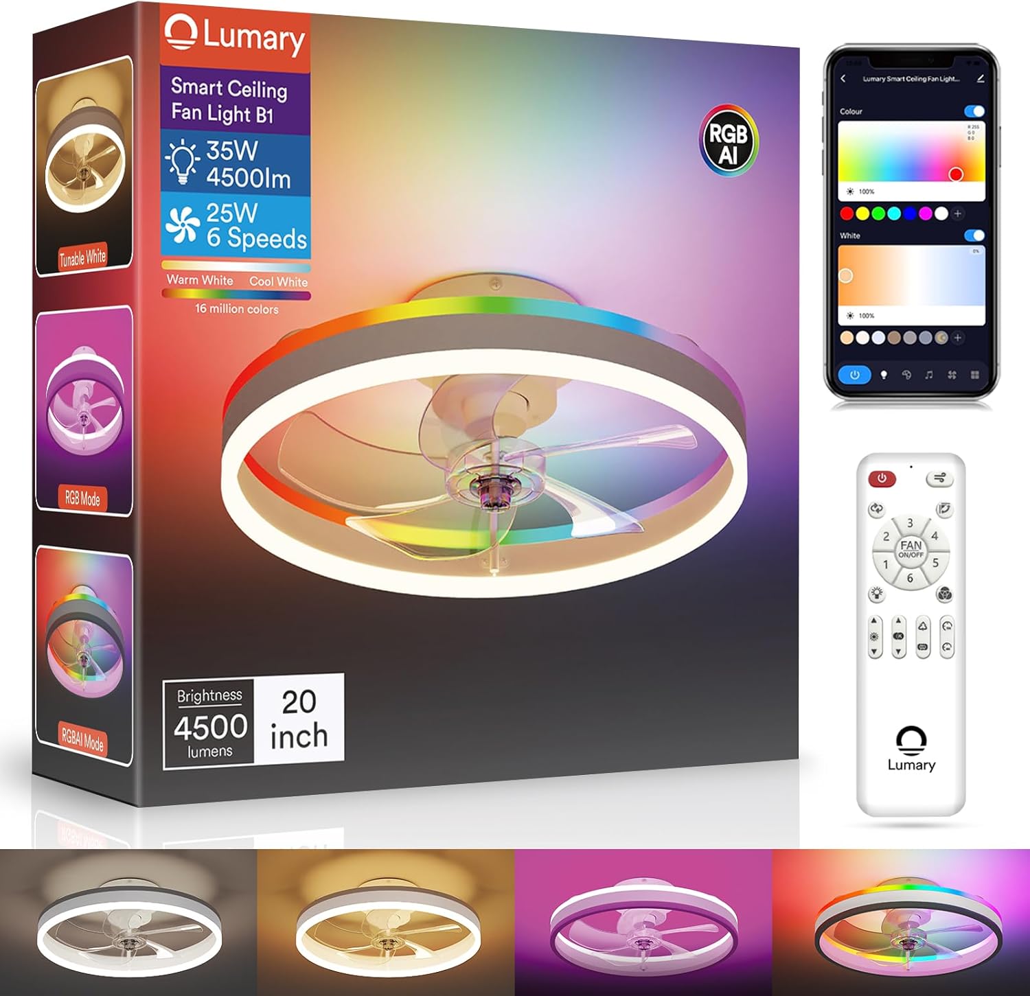 Lumary Smart WiFi Ceiling Fans with Lights, RGBAI Flush Mount Ceiling Fans with Lights and Remote, Dual Lighting Mode Modern LED Low Profile Ceiling Fan for Bedroom Works with Alexa Google, 20in White Lumary Smart WiFi Ceiling Fans with Lights, RGBAI Flush Mount Ceiling Fans with Lights and Remote, Dual Lighting Mode Modern LED Low Profile Ceiling Fan for Bedroom Works with Alexa Google, 20in White