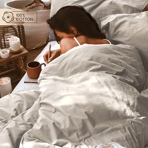 Miniatura 3 de Lavien Home, %100% Juego de funda de edredón de lino de algodón lavado natural, color gris, tamaño individual, transpirable y suave, cierre de