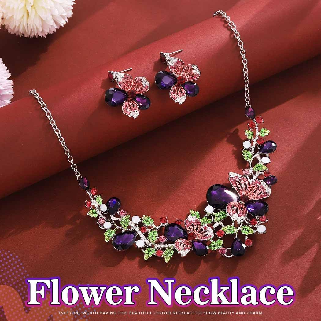 JAKAWIN Purple Jewelry Set Rhinestone Flower Necklace and Earring Set for Women - Image 2