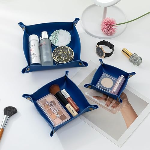 Miniatura 5 de Tskijun - 3 paquetes de bandejas de piel sintética en 3 tamaños, bandeja de joyería de cuero brillante, organizador de escritorio, bandeja de cuero