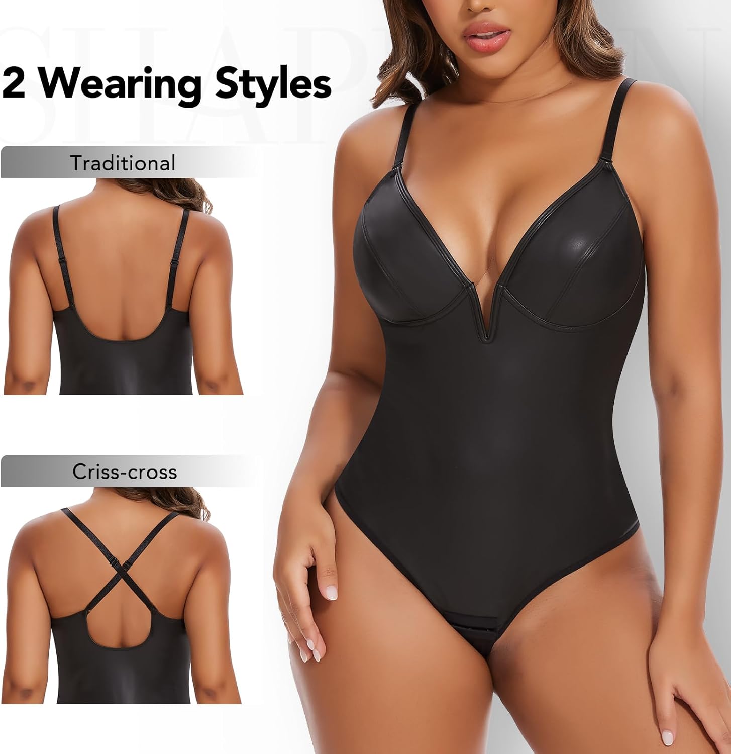 SHAPERIN Women's Deep V Neck Faux Leather Corset Bodysuit Tummy Control Shapewear Thong Body Shaper Plunge Cami Top - Image 2