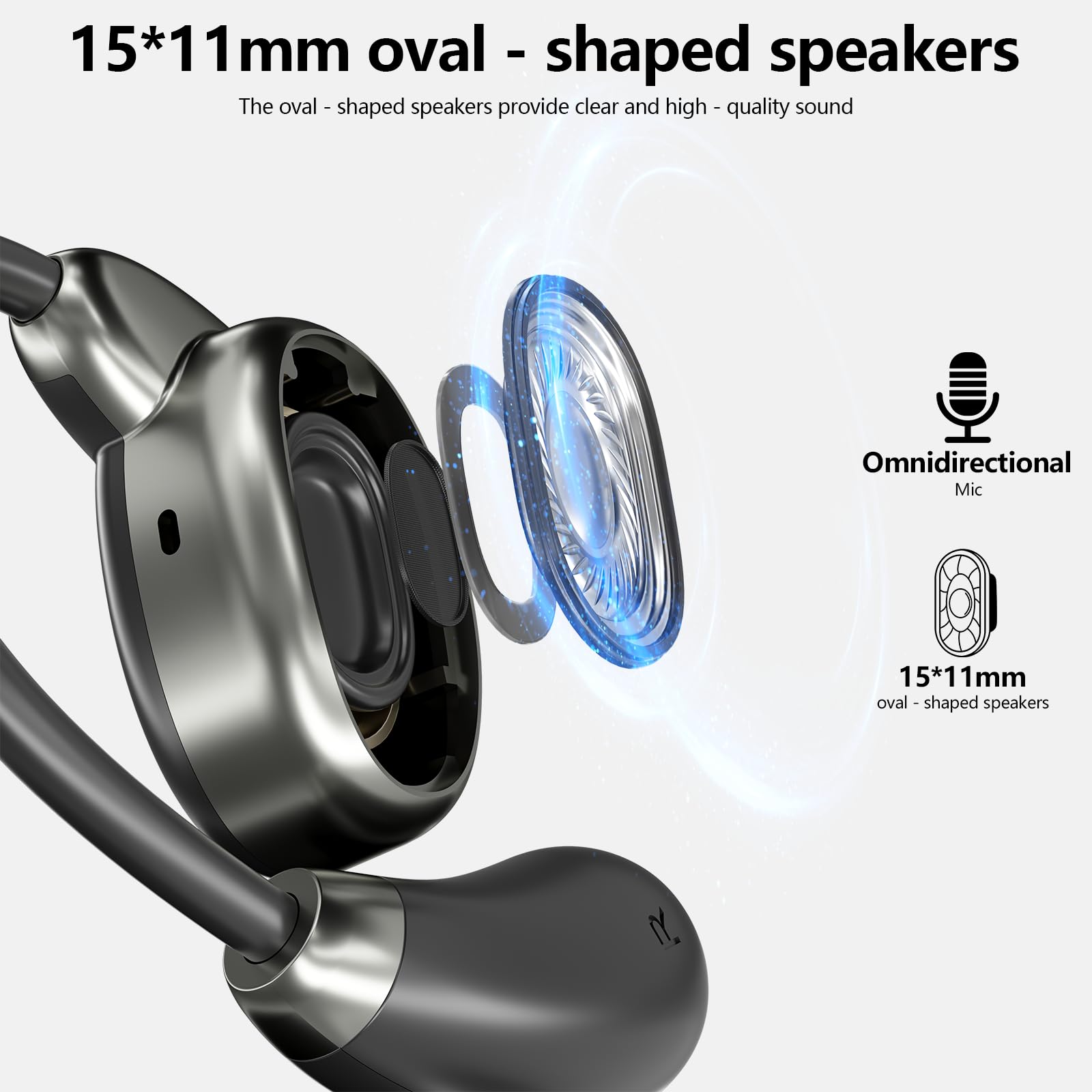 QKJ Auricolari aperti Bluetooth 5.4, 32H tempo di riproduzione, IPX4 resistente all'acqua, gancio per orecchio ergonomico ultra-confortevole, driver ovali 15x11mm, controllo touch, auricolari sportivi
