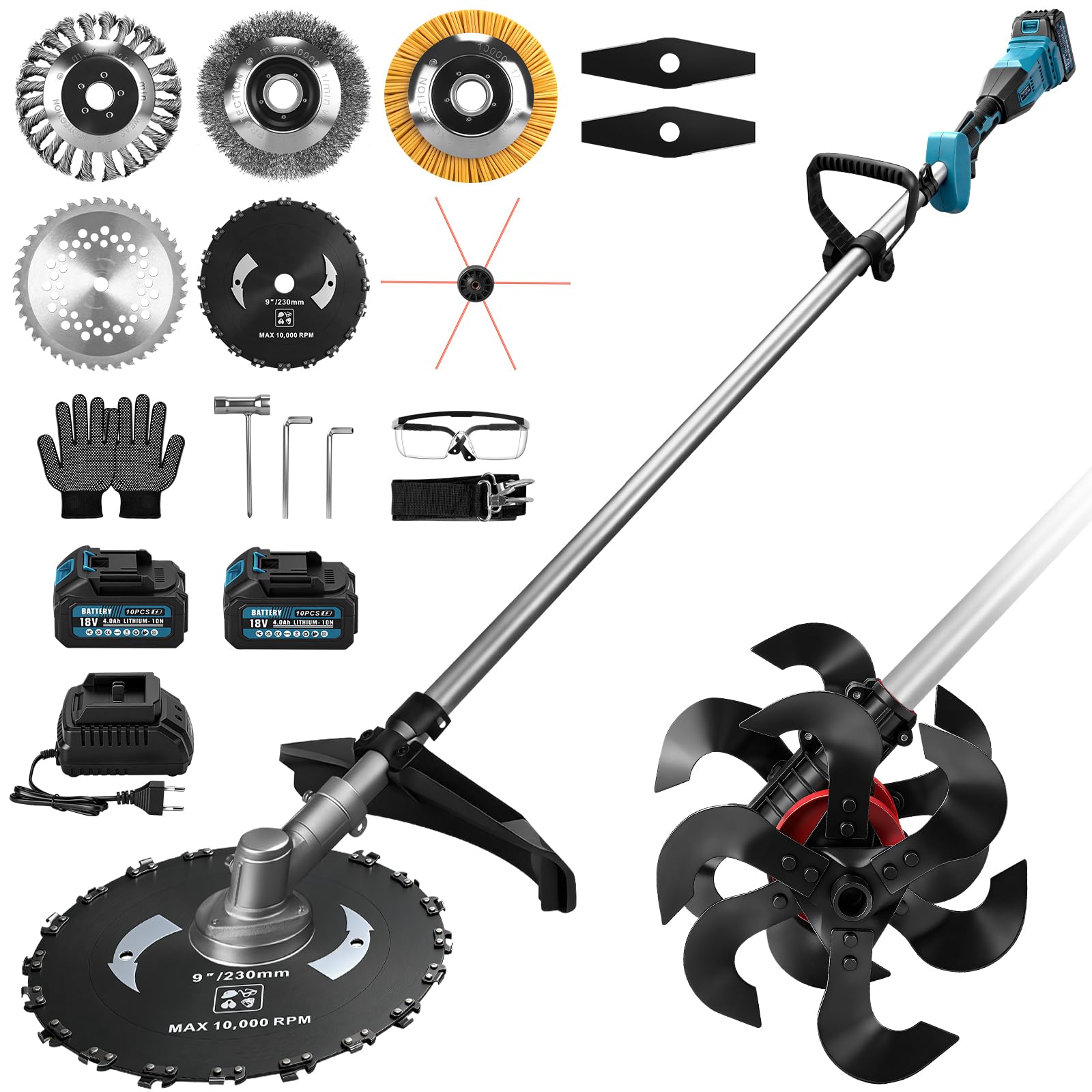 2 In 1 Akku Bodenhacke und Rasentrimmer Kompatibel mit 2 x 4Ah Akkus, Akku Motorhacke mit 25cm Arbeitsbreite & 23cm Arbeitstiefe, 12 Rostbeständige Messer für Bodenbearbeitung und Gartenarbeit