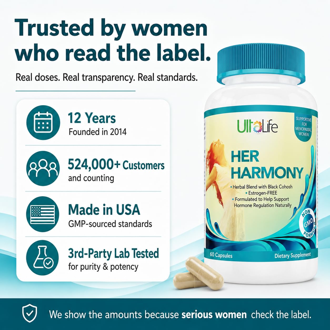 UltaLife Her Harmony Menopause Supplements for Women - Hot Flashes Menopause Relief & Hormone Balance for Women - Contains Black Cohosh, Dong Quai, Red Clover & More - Estrogen Free - 60 Capsules — Amazon image 7