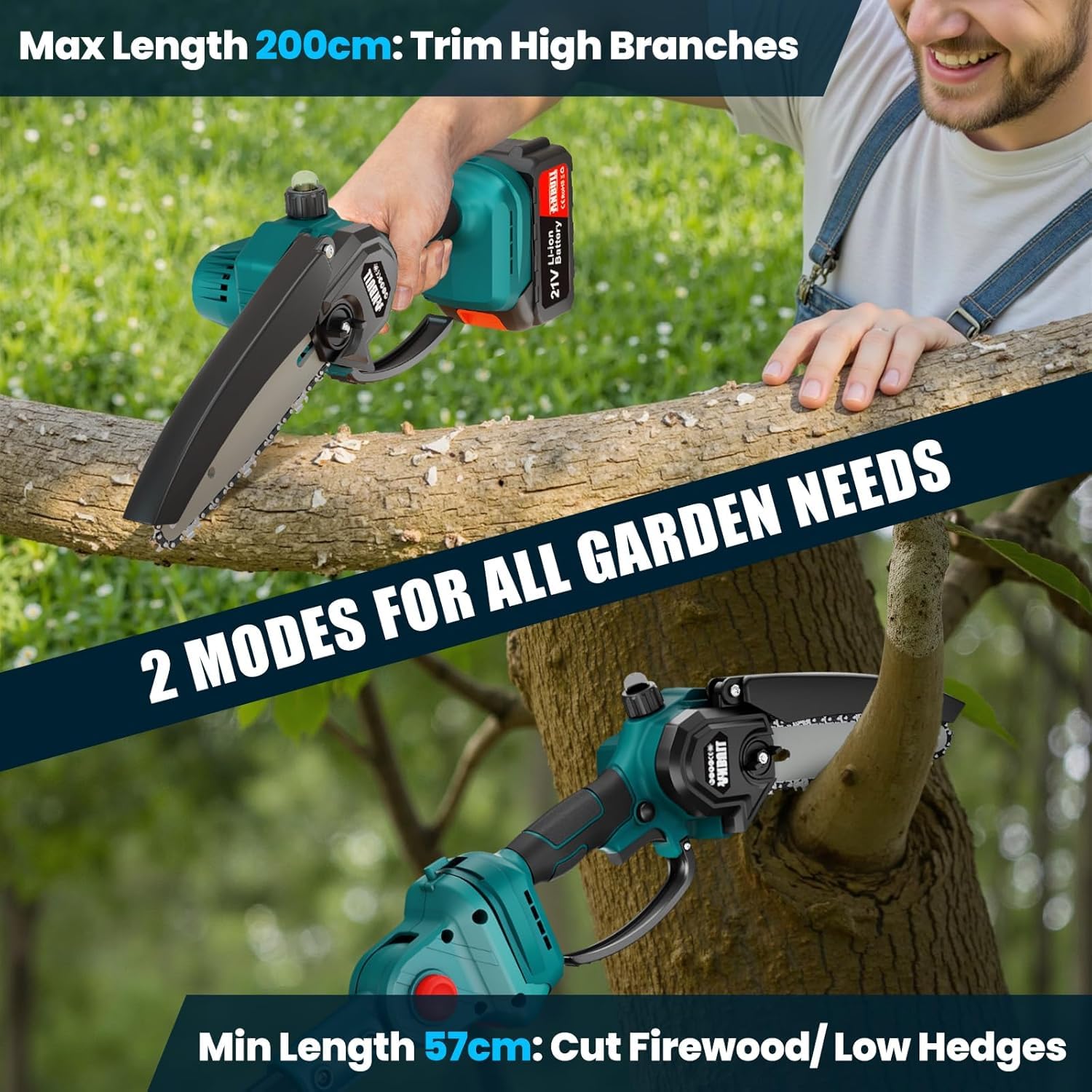 2-in-1 Akku Hochentaster & 6 Zoll Mini Kettensäge mit Teleskopstange bis 4,8 m, Bürstenloser Motor, Astsäge mit 2×4000mAh Akkus, kompatibel mit Makita 18V Akku, ideal zur Baum- und Gartenpflege