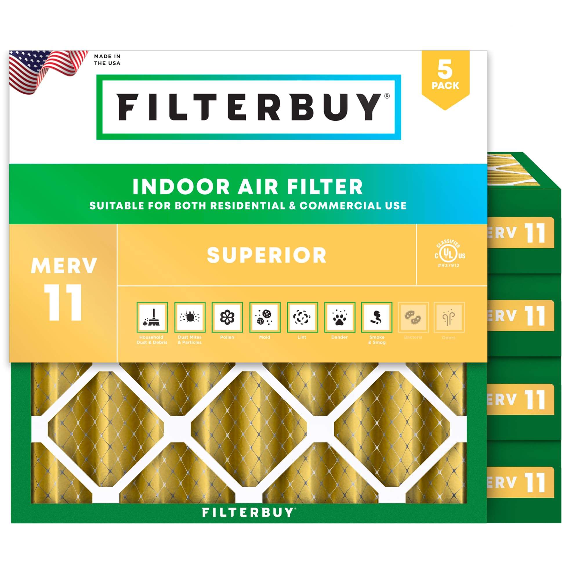Filterbuy 20x20x4 Air Filter MERV 11 Allergen Defense (5-Pack), Pleated HVAC AC Furnace Air Filters Replacement (Actual Size: 19.50 x 19.50 x 3.63 Inches)