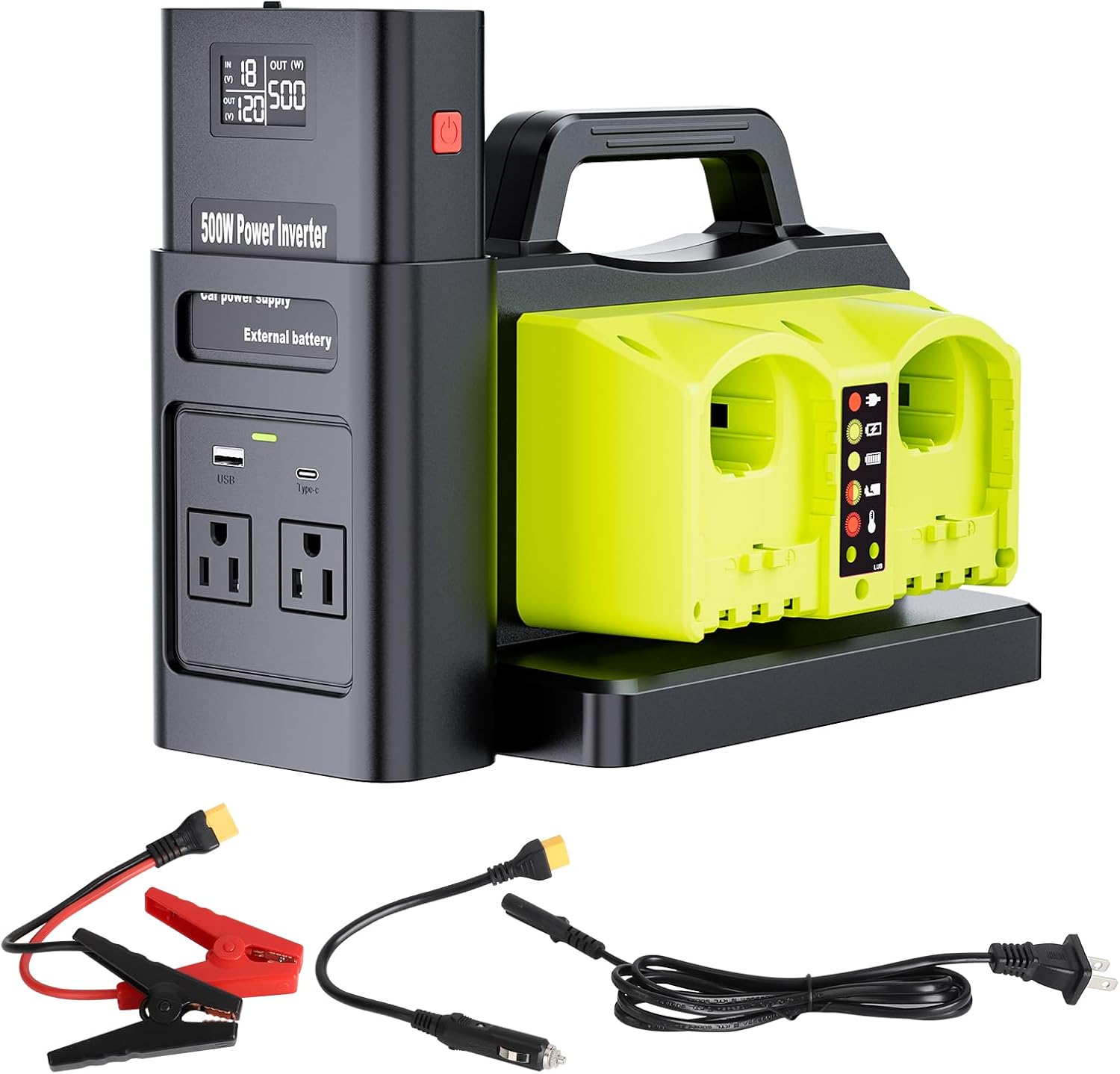 Pure Sine Wave Inverter Compatible with Ryobi 18V Battery, 2 in 1 500W 4 Ports Power Inverter Battery Charger Generator DC 20V to AC* 2 Outlets, 120V Car Charger Plug, USB&Type-C (Tool Only)